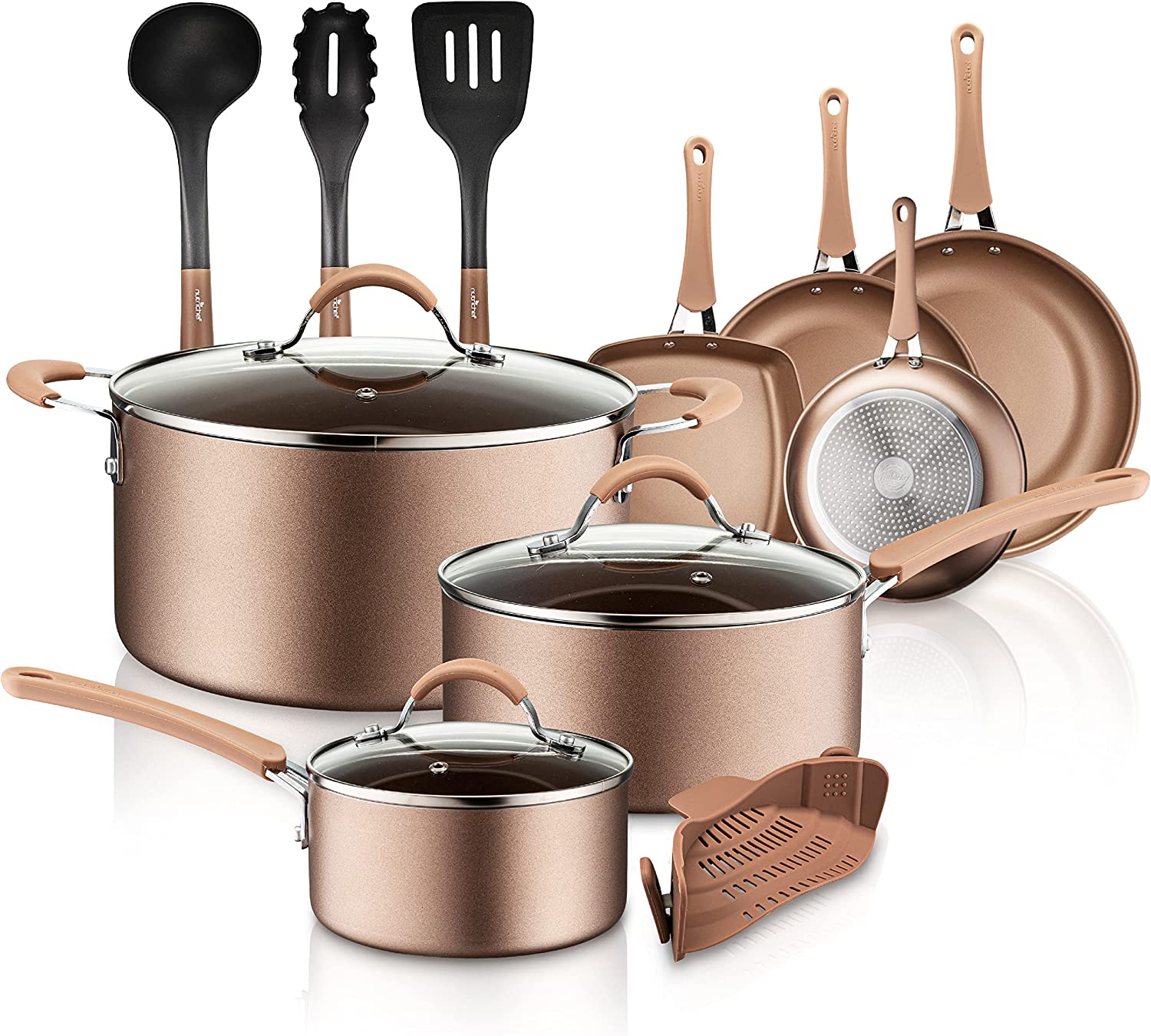 NutriChef 14-Piece Nonstick Cookware PTFE/PFOA/PFOS-Free Heat Resistant Lacquer Kitchen Ware Set w/Saucepan. Frying Pans. Cooking. Dutch Oven Pot. Lids. Utensil NCCW14S. AGold