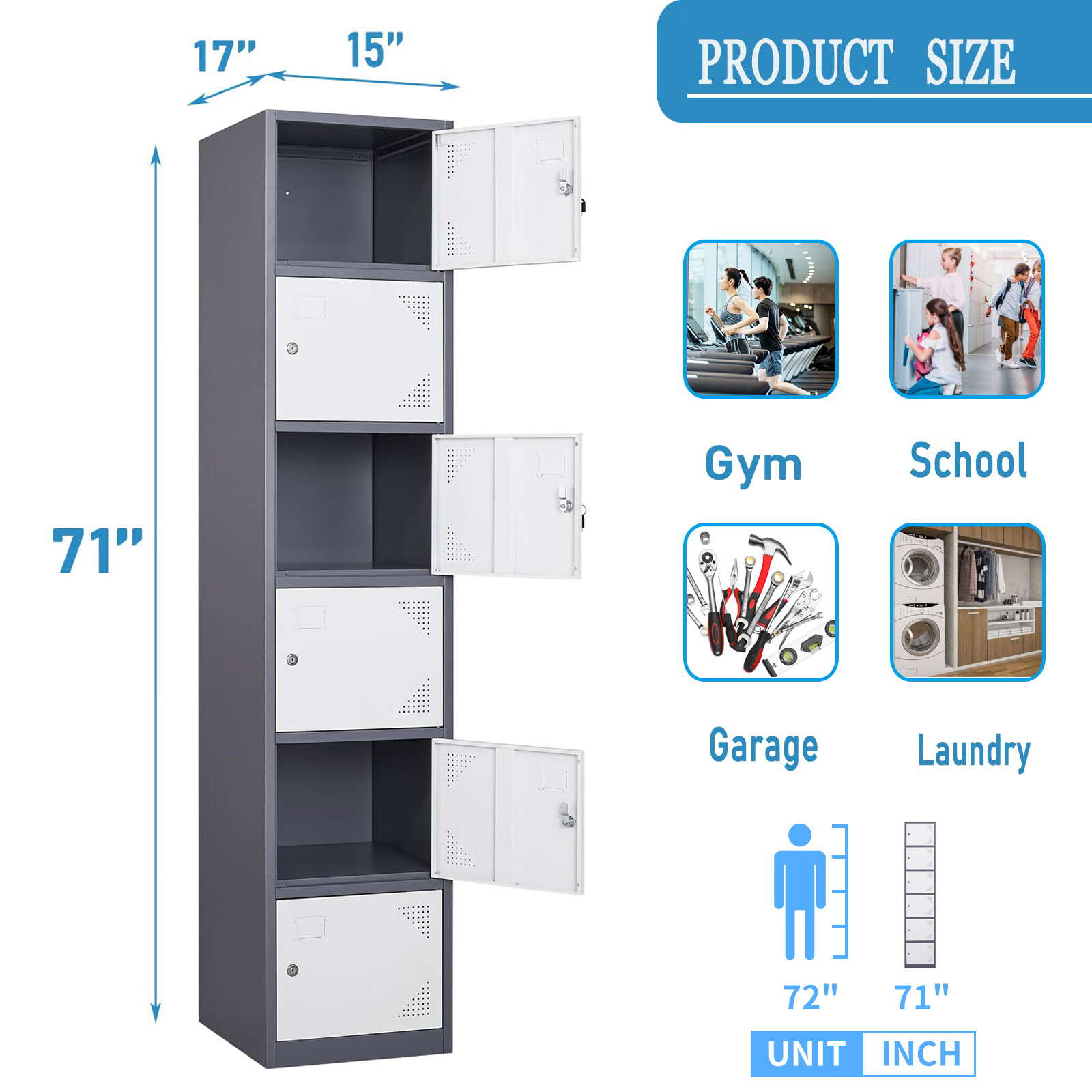 Fesbos Metal Locker 6 Lockable Door.71″ Tall Steel Storage Cabinet for School Office Gym Home Employees Staff Sundries Room