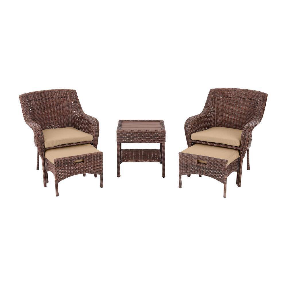 Hampton Bay  Cambridge 5-Piece Brown Wicker Outdoor Patio Conversation Seating Set with Sunbrella Beige Tan Cushions