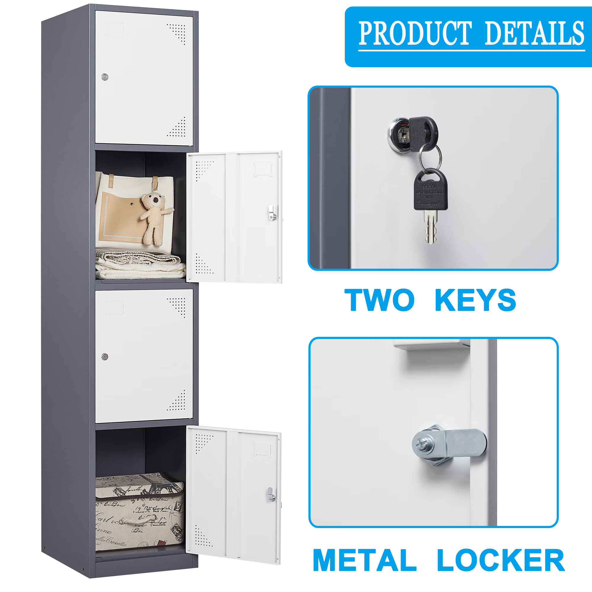 Fesbos Metal Locker 4 Lockable Door.71″ Tall Steel Storage Cabinet for School Office Gym Home Employees Staff Sundries Room