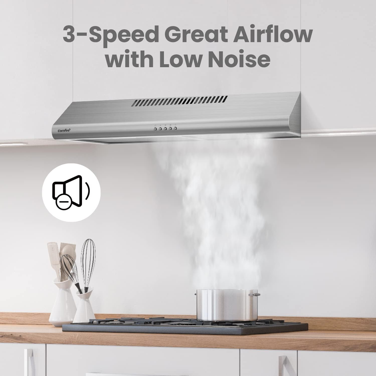 Comfee CVU30W4AST 30 inch Under Cabinet Ducted/Ductless Convertible Slim Vent Durable Stainless Steel Kitchen Reusable Filter. 3 Speed Exhaust Fan and 2 LED Lights Range Hood. 2.0 Version