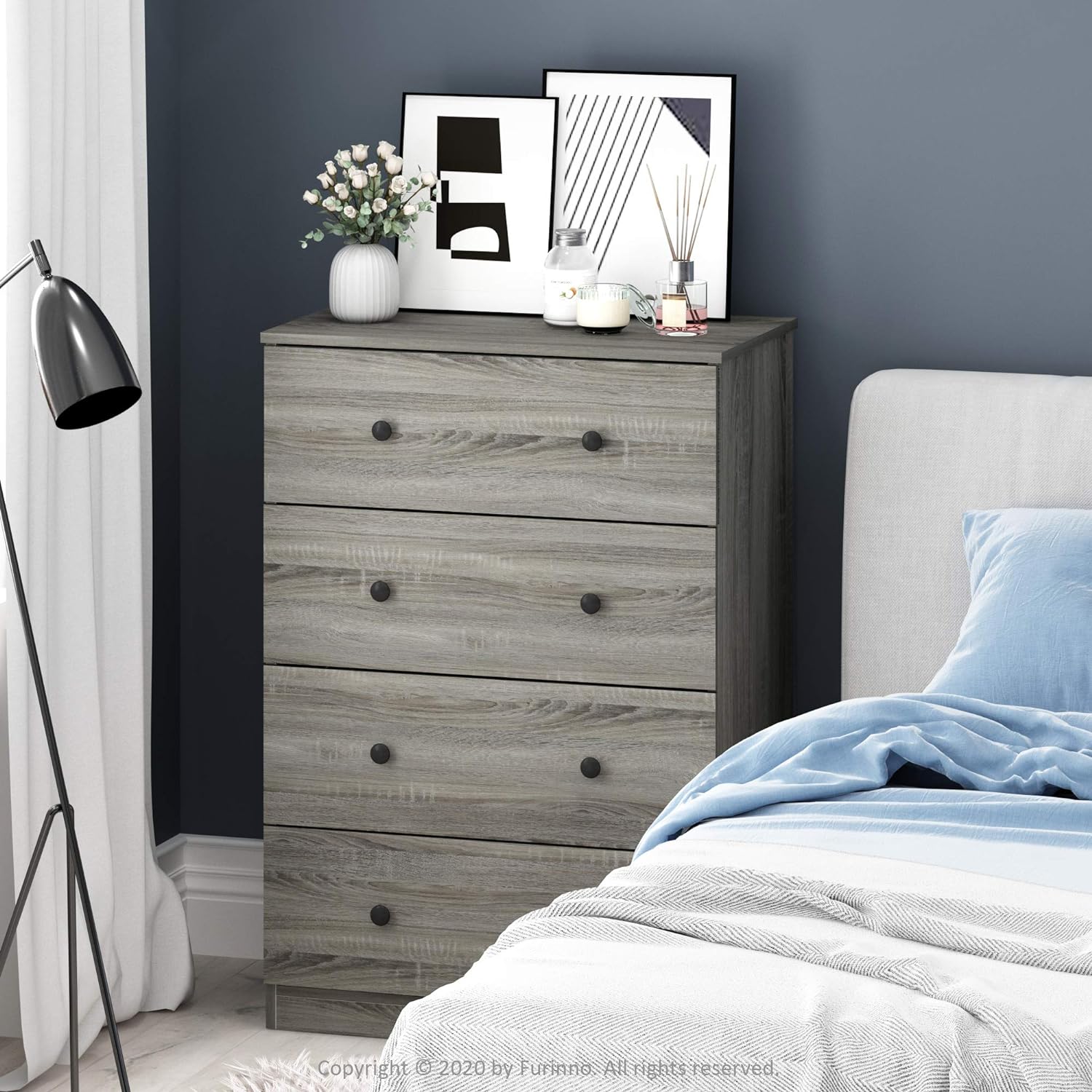 Furinno Tidur Simple Design Dresser. 4-Tier Knob. French Oak Grey
