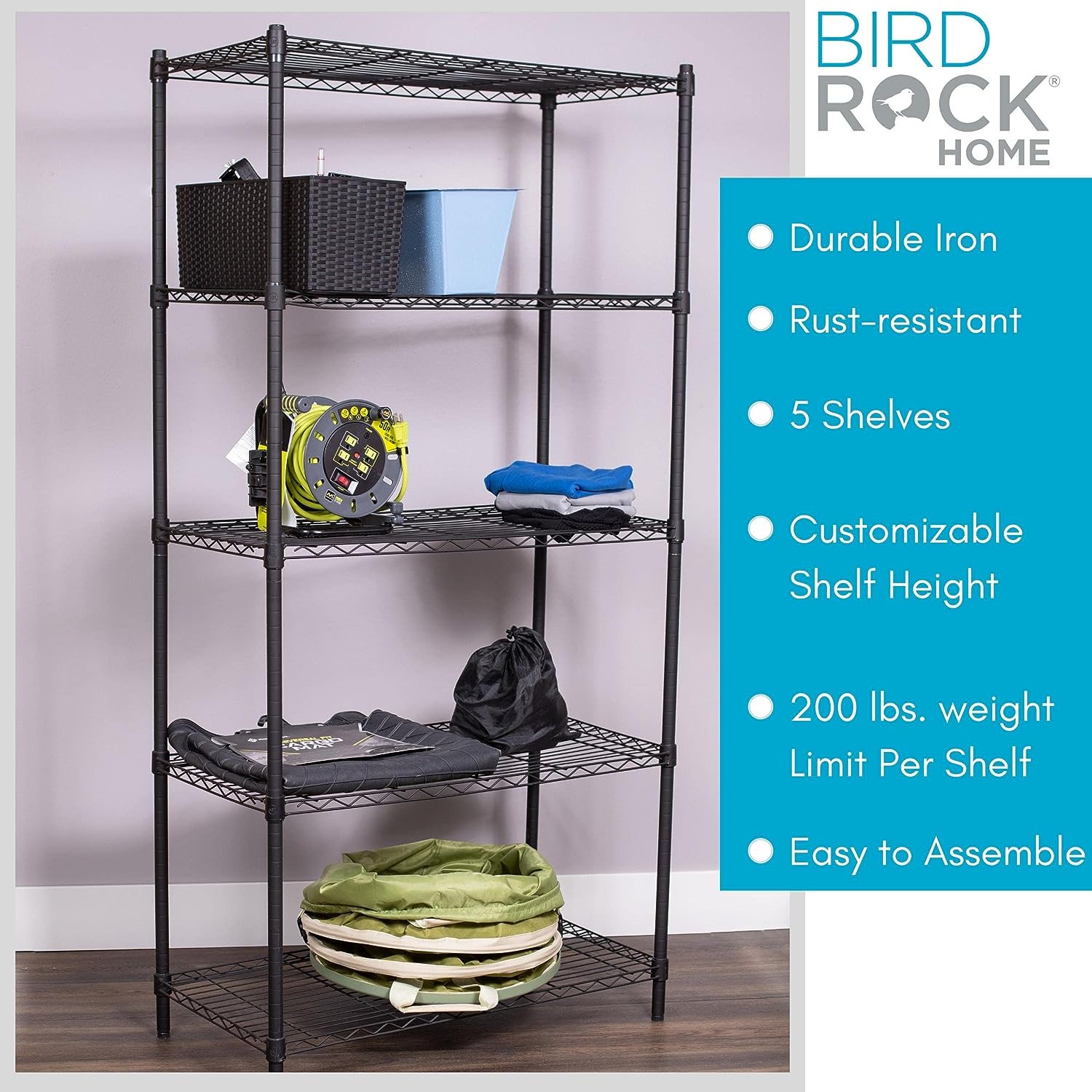 Internet-s Best 5-Tier Wire Shelving - Flat Black - Heavy Duty Shelf - Wide Adjustable Rack Unit - Kitchen Storage