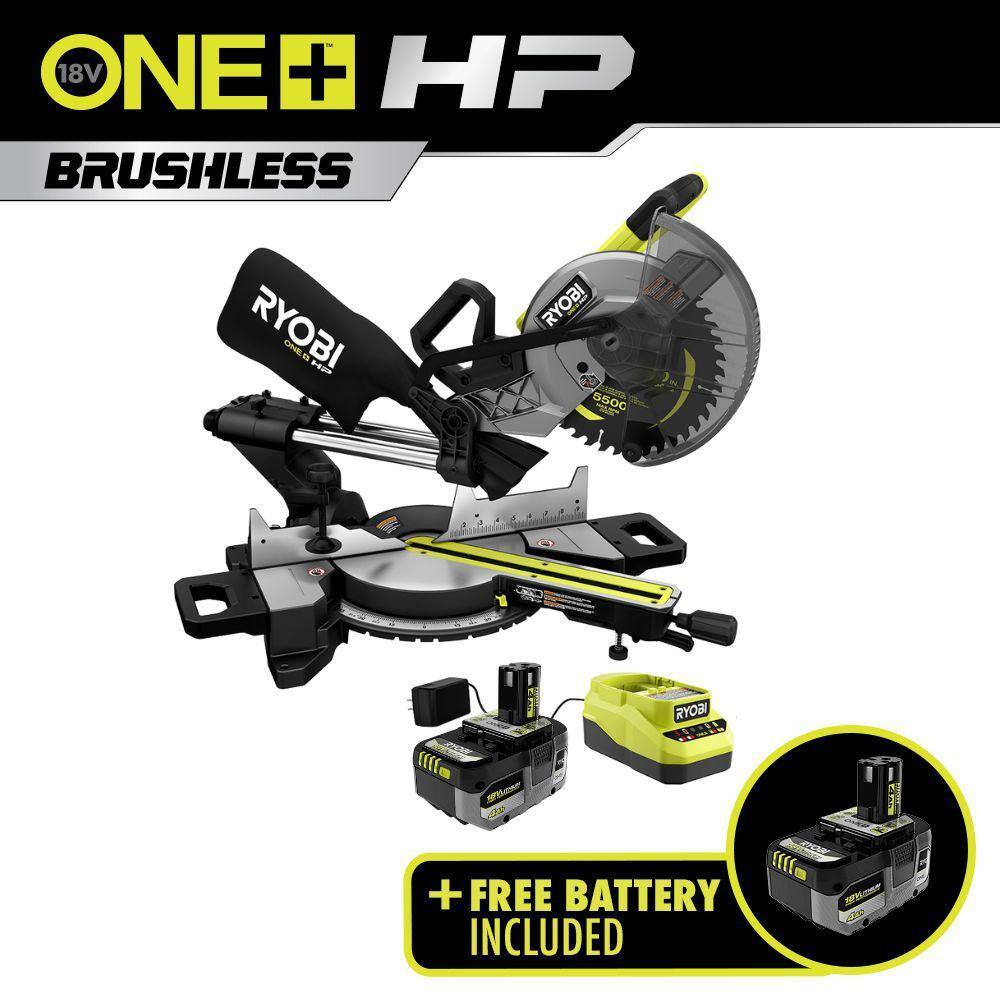 RYOBI PBLMS01K-PBP004 ONE+ HP 18V Brushless Cordless 10 in. Sliding Compound Miter Saw Kit w/ (2) 4.0 Ah HIGH PERFORMANCE Batteries & Charger