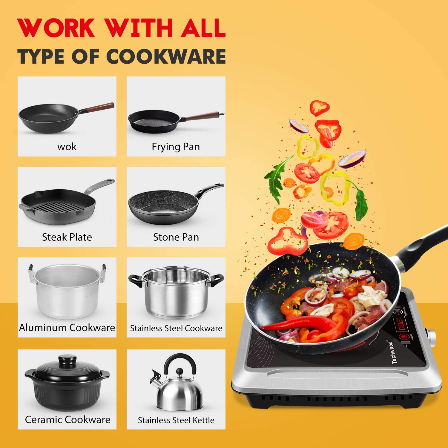 Techwood Hot Plate Electric Stove Single Burner Countertop Infrared Ceramic Cooktop. 1500W Timer and Touch Control. Portable Compatible All Cookware. Ceramic Glass & Stainless Steel Easy to Clean