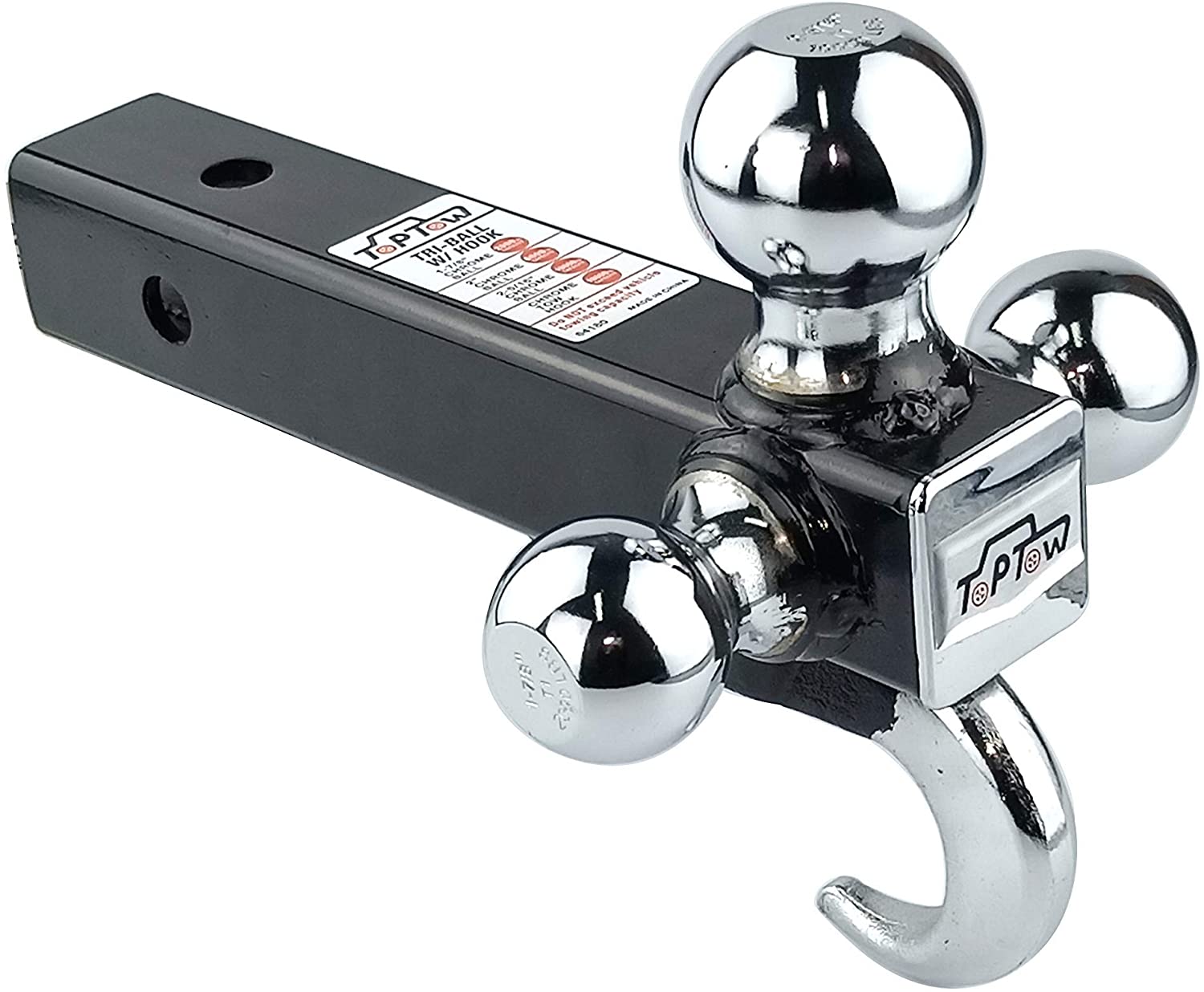 TOPTOW 64180 Trailer Receiver Hitch Triple Ball Mount with Hook. Chrome Balls. Fits for 2 inch Receiver. Hollow Shank