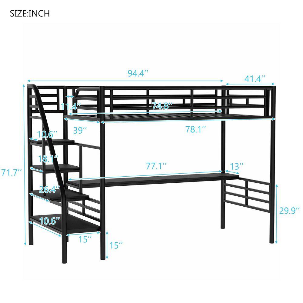 Harper & Bright Designs  Black Twin Size Metal Loft Bed with Desk and Stairs