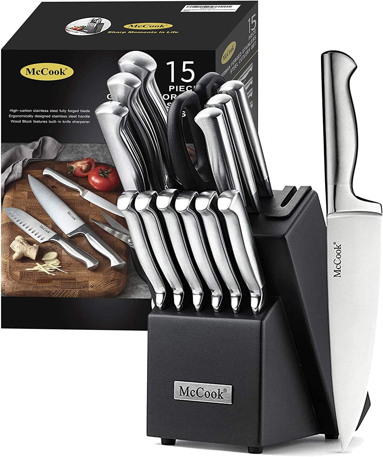 McCook® MC21 Knife Sets.15 Pieces German Stainless Steel Knife Block Sets with Built-in Sharpener