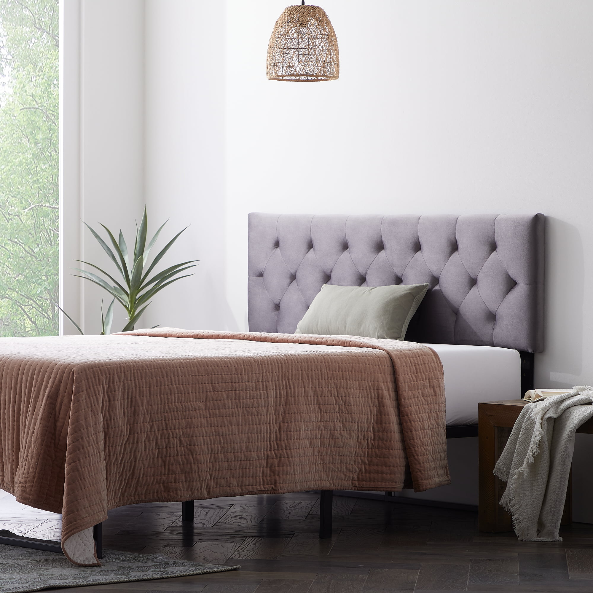 Rest Haven Tufted Velvet Upholstered Headboard. California King. Gray