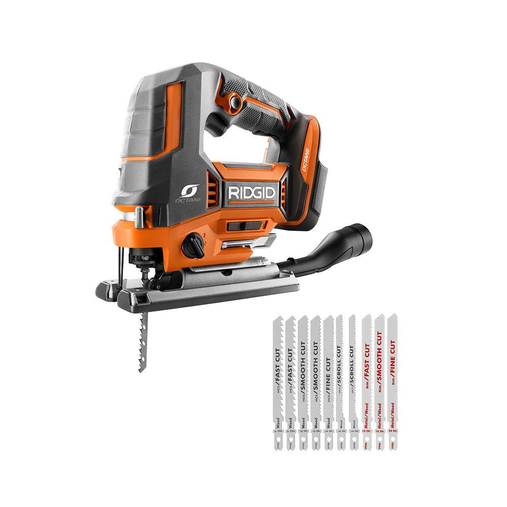 RIDGID R8832B-A14AK101 18V OCTANE Brushless Cordless Jig Saw (Tool Only) with All Purpose Jig Saw Blade Set (10-Piece)