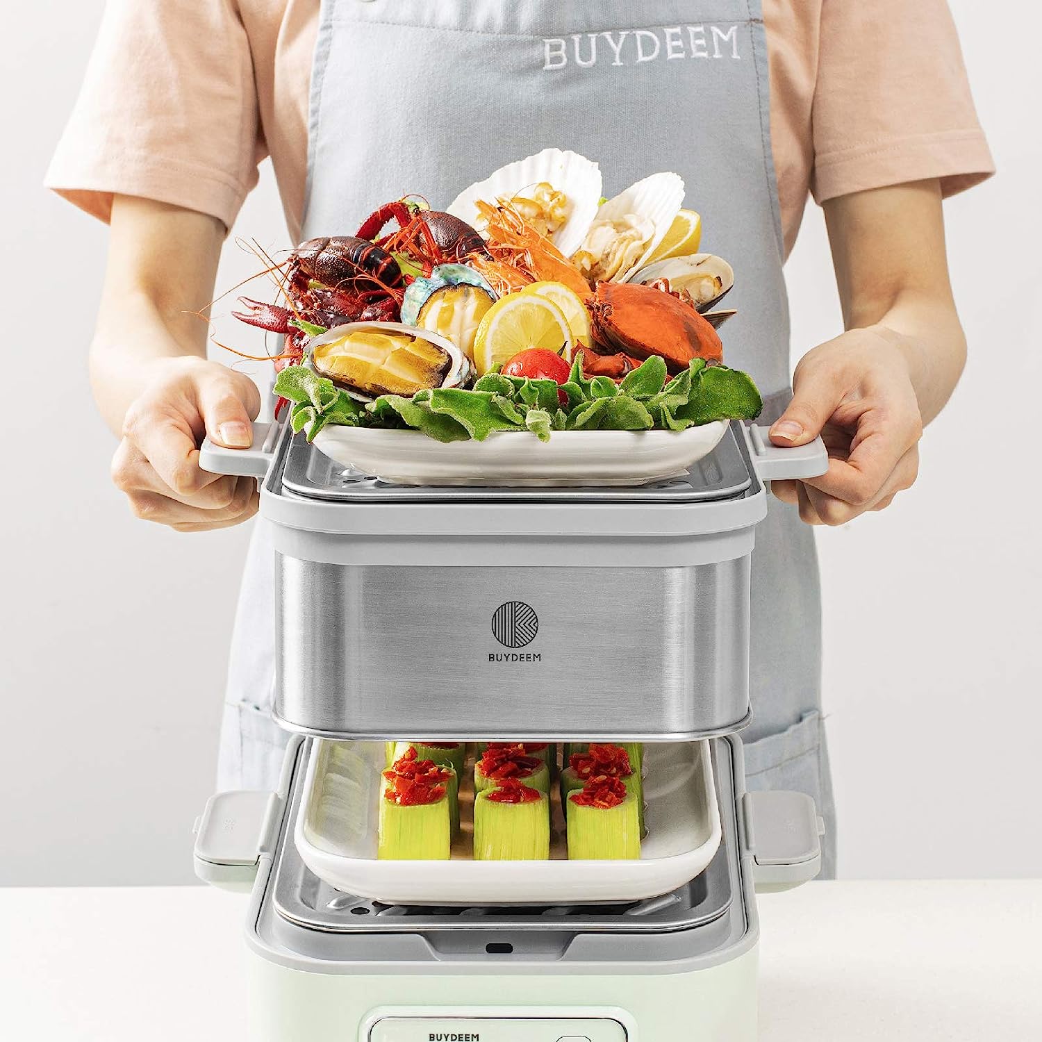 BUYDEEM A501 Stackable Double Tier for Electric Food Steamer. with 18/8 Stainless Steel Tray & Handles. Suitable for G563 One-Touch Vegetable Food Steamer. 11 * 4 Inch