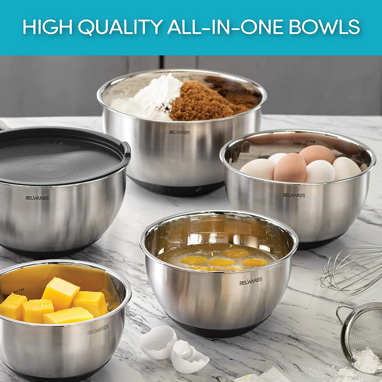 Belwares Mixing Bowls with Lids Set – Stainless Steel Mixing Bowl Set Including Airtight Lids and Graters – Stainless Steel Bowls that Nest – 5 Non-Slip Metal Bowls for Kitchen with Pour Spouts