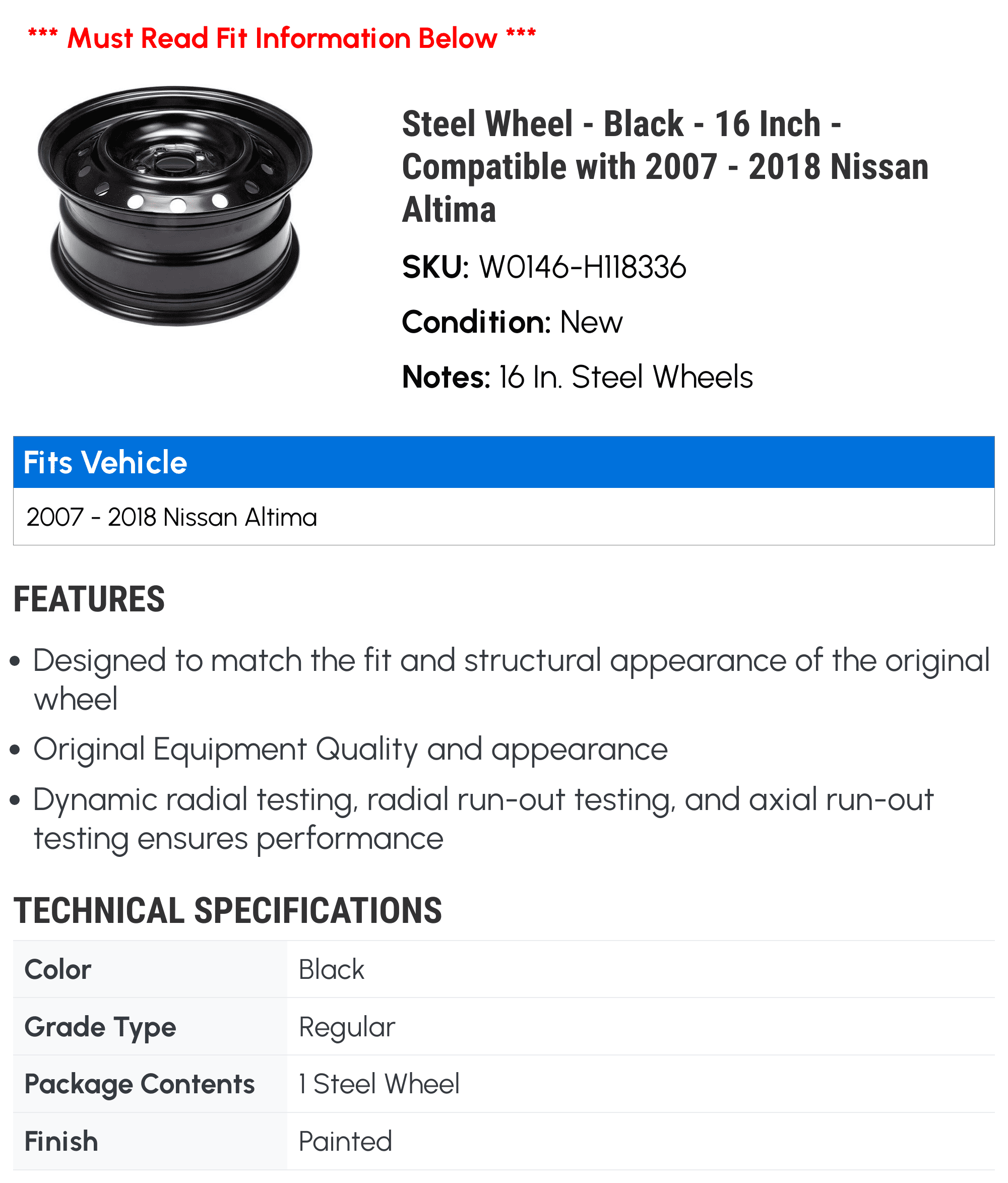 Steel Wheel - Black - 16 Inch - Compatible with 2007 - 2018 Nissan Altima 2008 to 2017