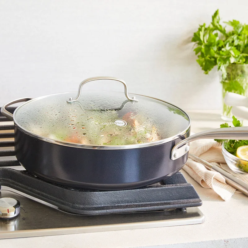 GreenPan SearSmart Hard Anodized Healthy Ceramic Nonstick. 5QT Saute Pan Jumbo Cooker with Helper Handle and Lid. PFAS-Free. Textured Surface. Dishwasher Safe. Black