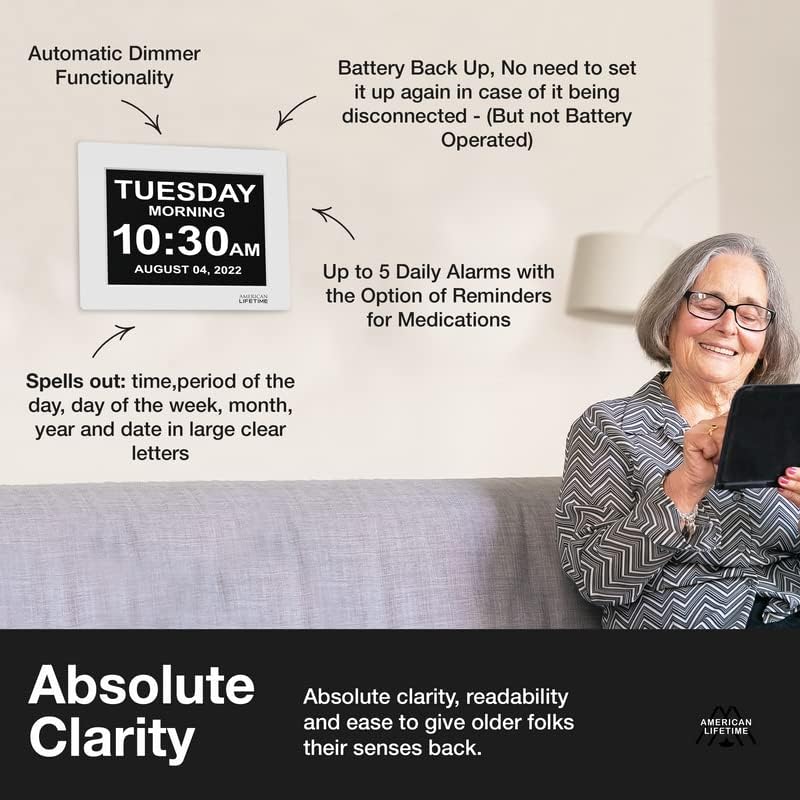 American Lifetime 【New 2023】 Dementia Clock Large Digital Clock for Seniors. Digital Clock Large Display with Custom Alarms. Clock with Day & Date for Elderly. Large Number Digital Clock White