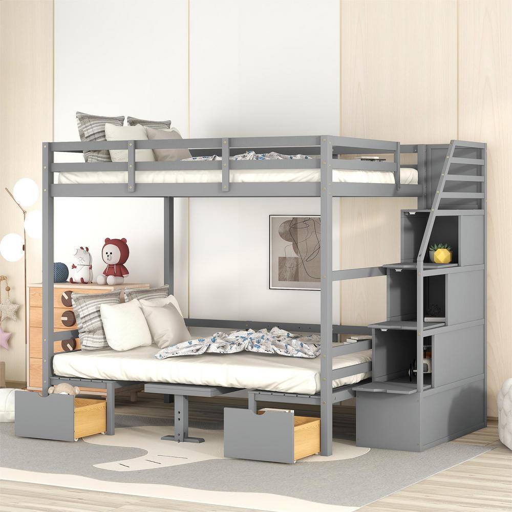 Harper & Bright Designs  Convertible Gray Full over Full Size Bunk Bed with Staircase and Drawers