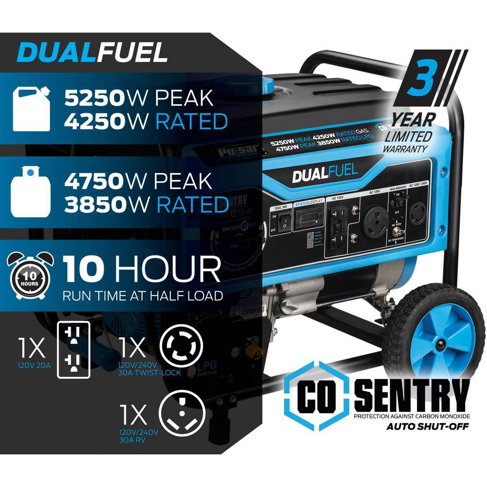 Pulsar PG5250BCO 5250/4250 -Watt Dual-Fuel Gasoline and Propane with Recoil Start Portable Home Power Generator. CO Shutoff