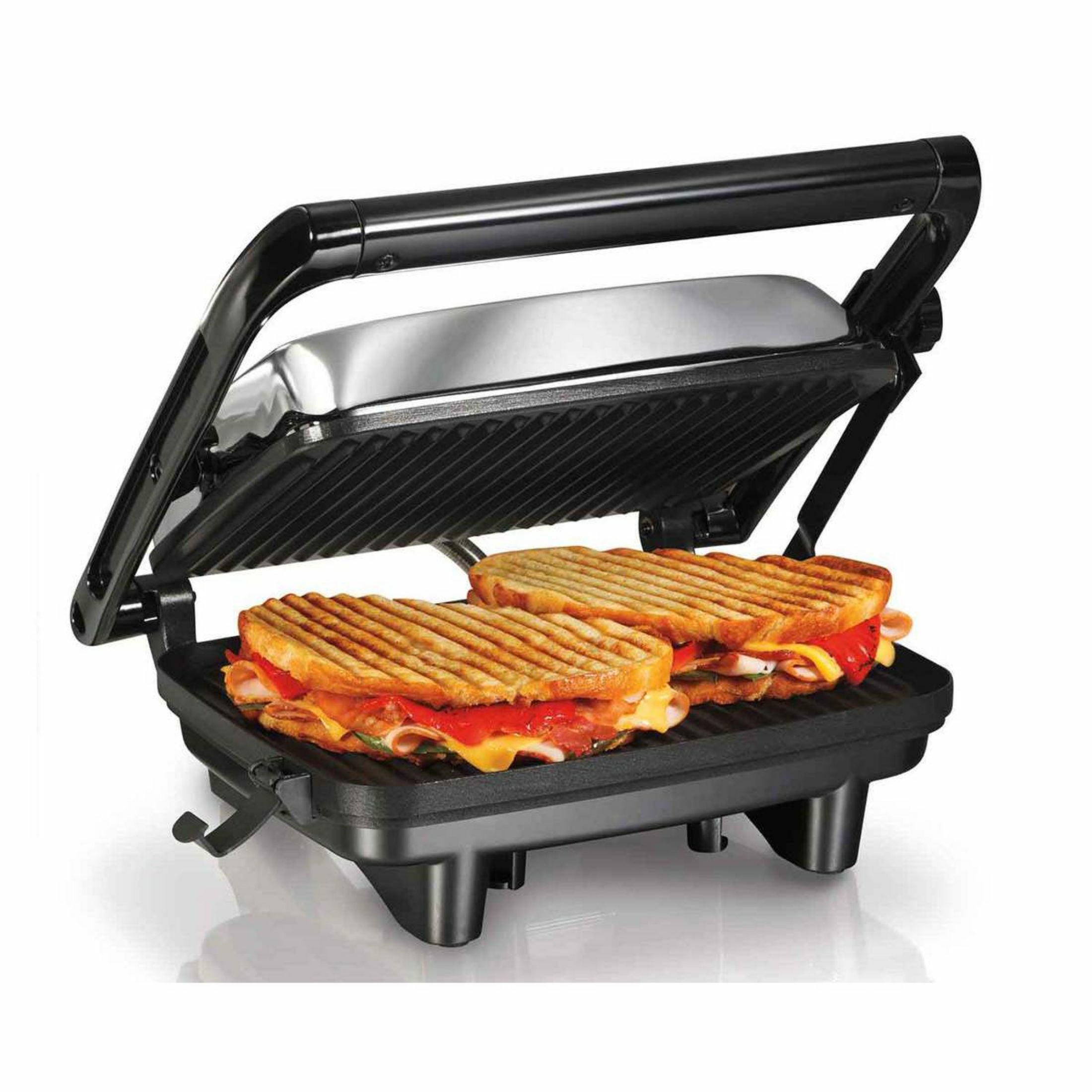 Hamilton Beach 1400-Watt Panini Press Gourmet Sandwich Maker - Chrome. Black