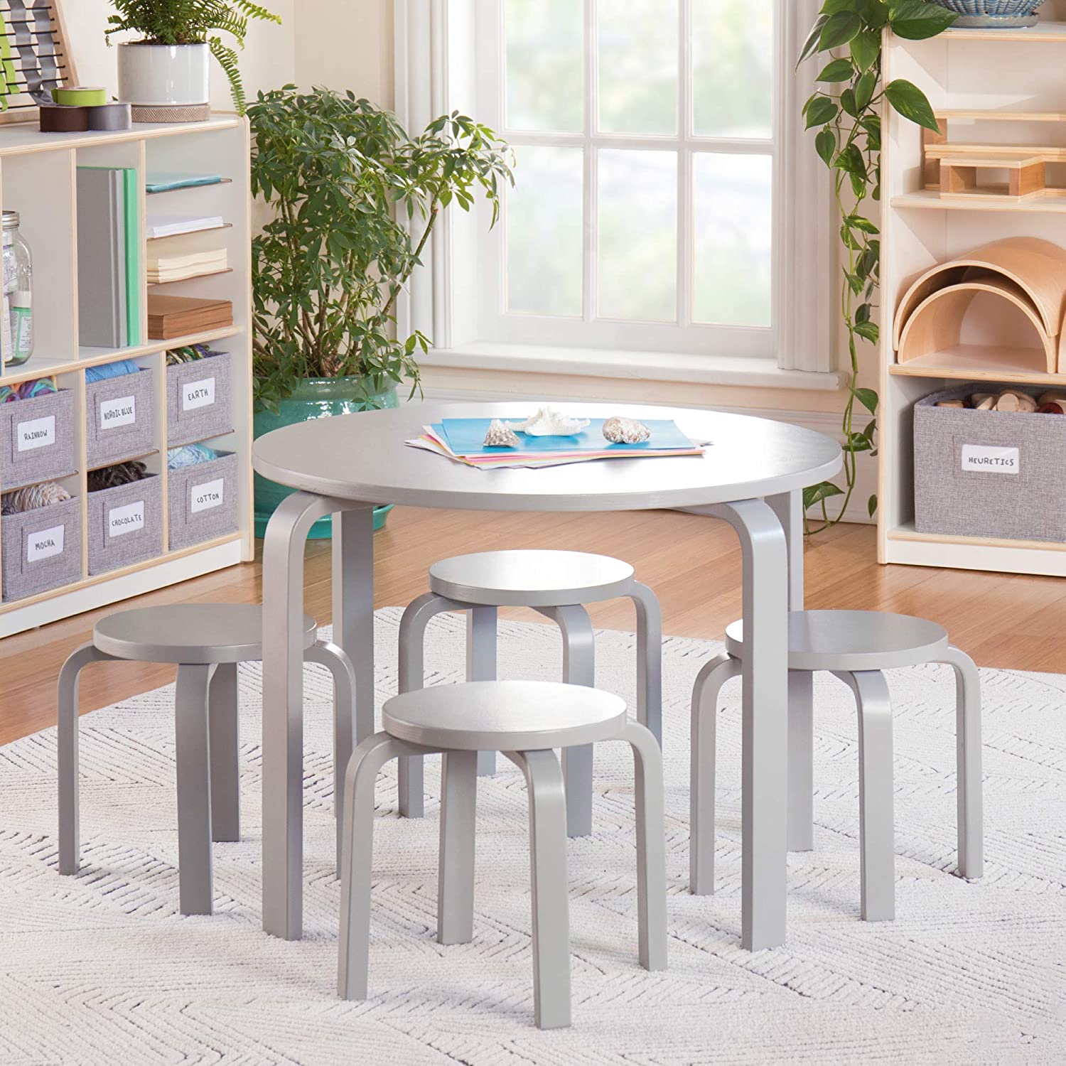 Guidecraft Nordic Table and Chairs Set for Kids: Gray - Stacking Bentwood Stools with Curved Wood Activity Play Table - Children-s Modern Kitchen. Playroom and Classroom Furniture