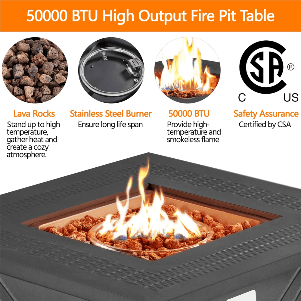 SMILE MART 28″ Propane Gas Fire Pit with Lid and Iron Tabletop. Black