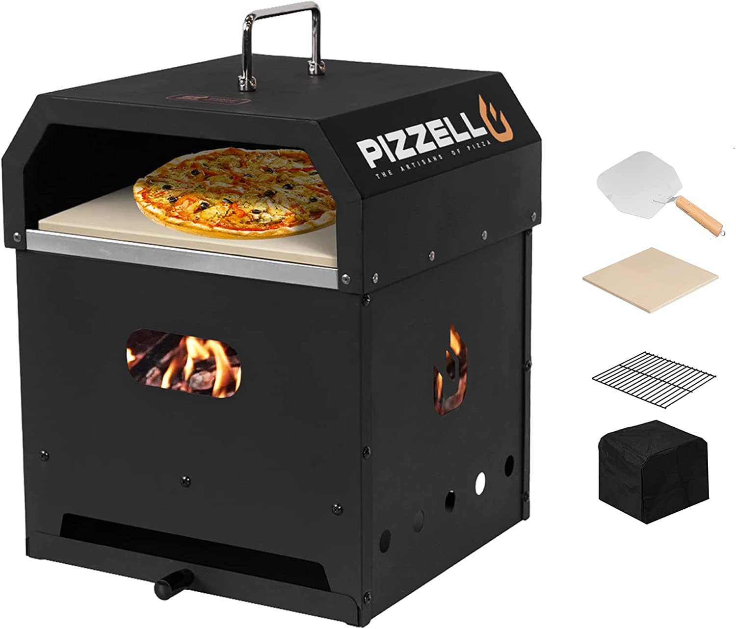 PIZZELLO Outdoor Pizza Oven Wood Burning 2-Layer Detachable Portable with Stone. Cover. Peel. Cooking Grill Grate - Black