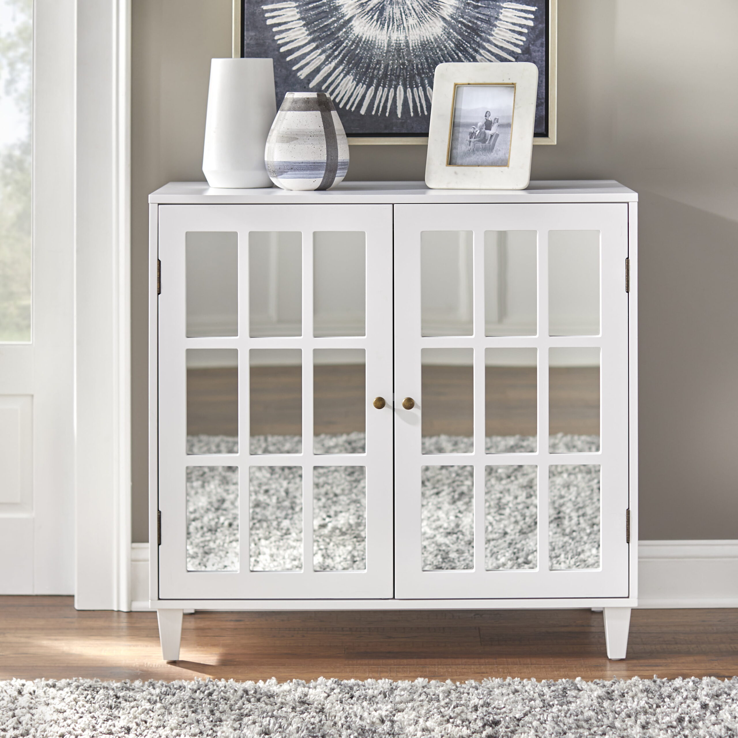 TMS Alonzo Farmhouse Mirrored Door Sideboard. 35.5 wide x 34 high. White