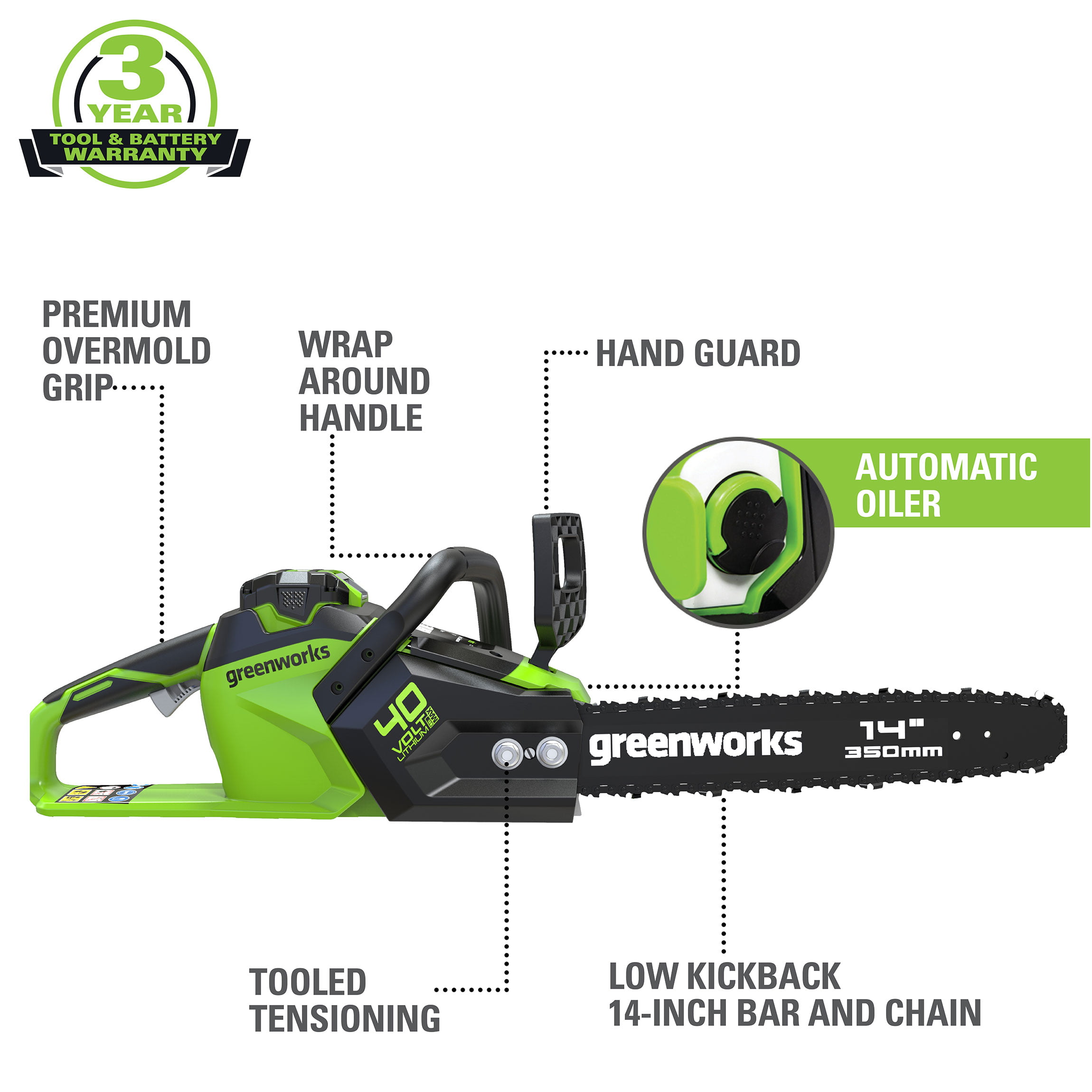 Greenworks 40V 14-inch Brushless Chainsaw With 2.5 Ah Battery and Charger. 2012802