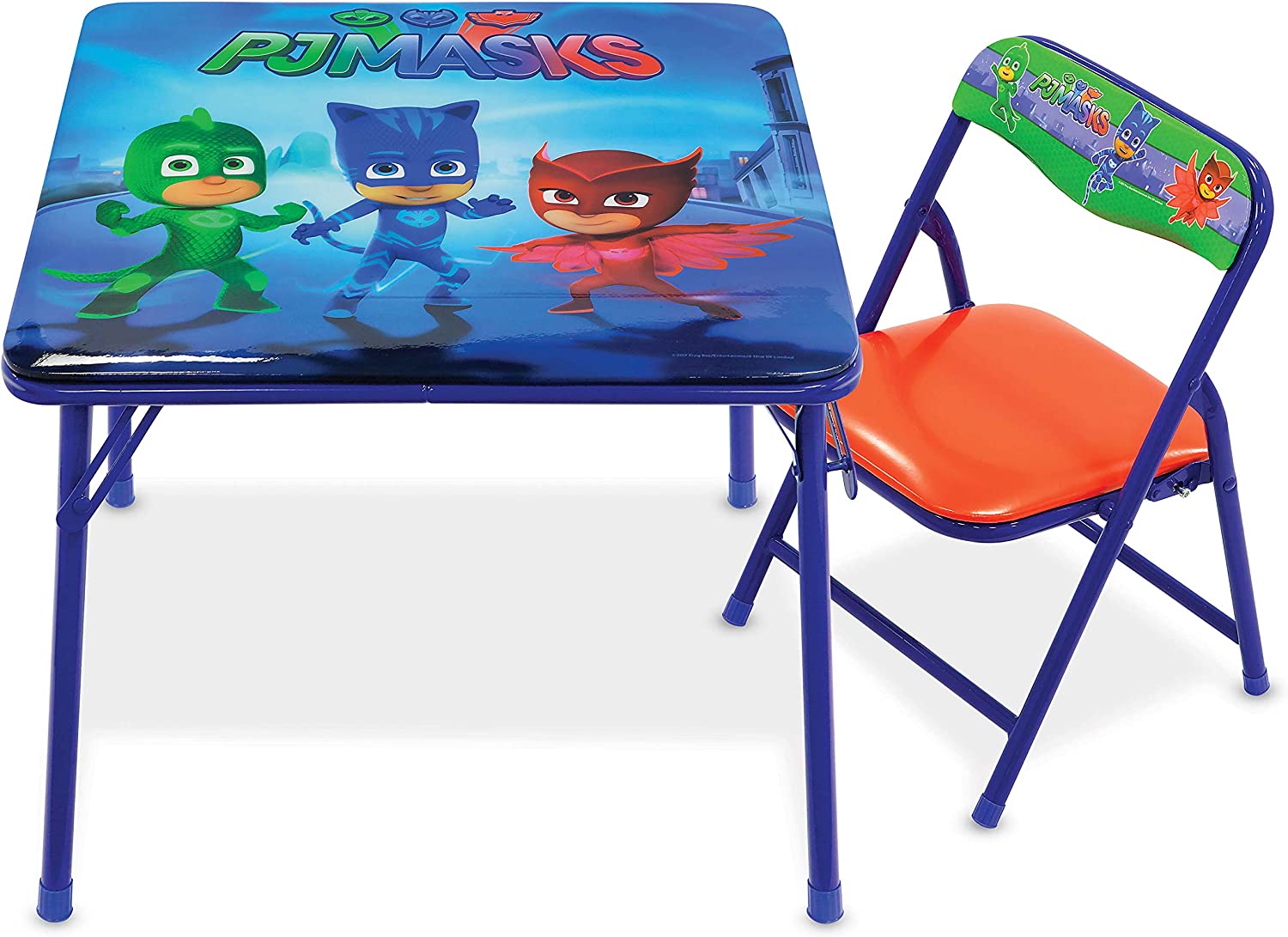 Jakks Pacific PJ Masks Junior Table & Chair Set – Folding Childrens Table & Chair Set – Includes 1 Kid Chair with Non-Skid Rubber Feet & Padded Seat – Sturdy Metal
