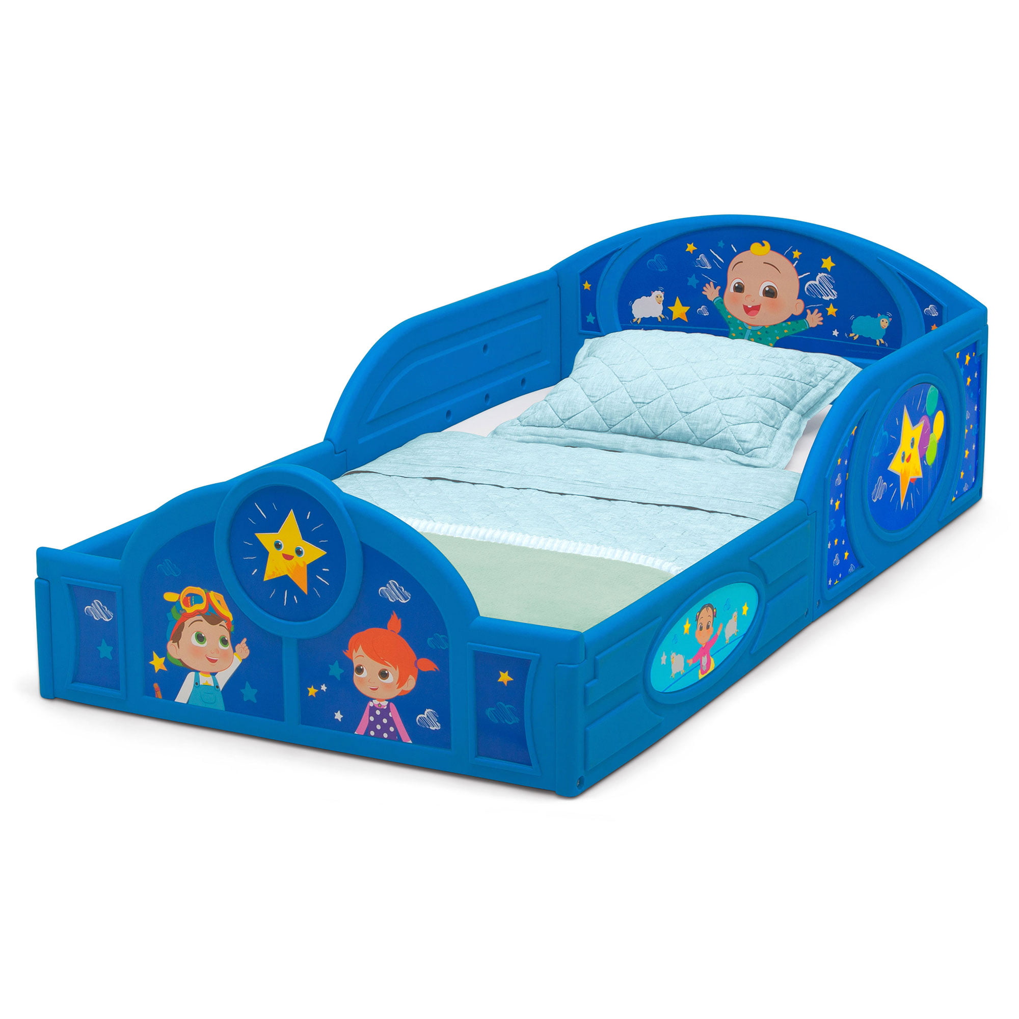 CoComelon Sleep and Play Plastic Toddler Bed with Built-in Guardrails