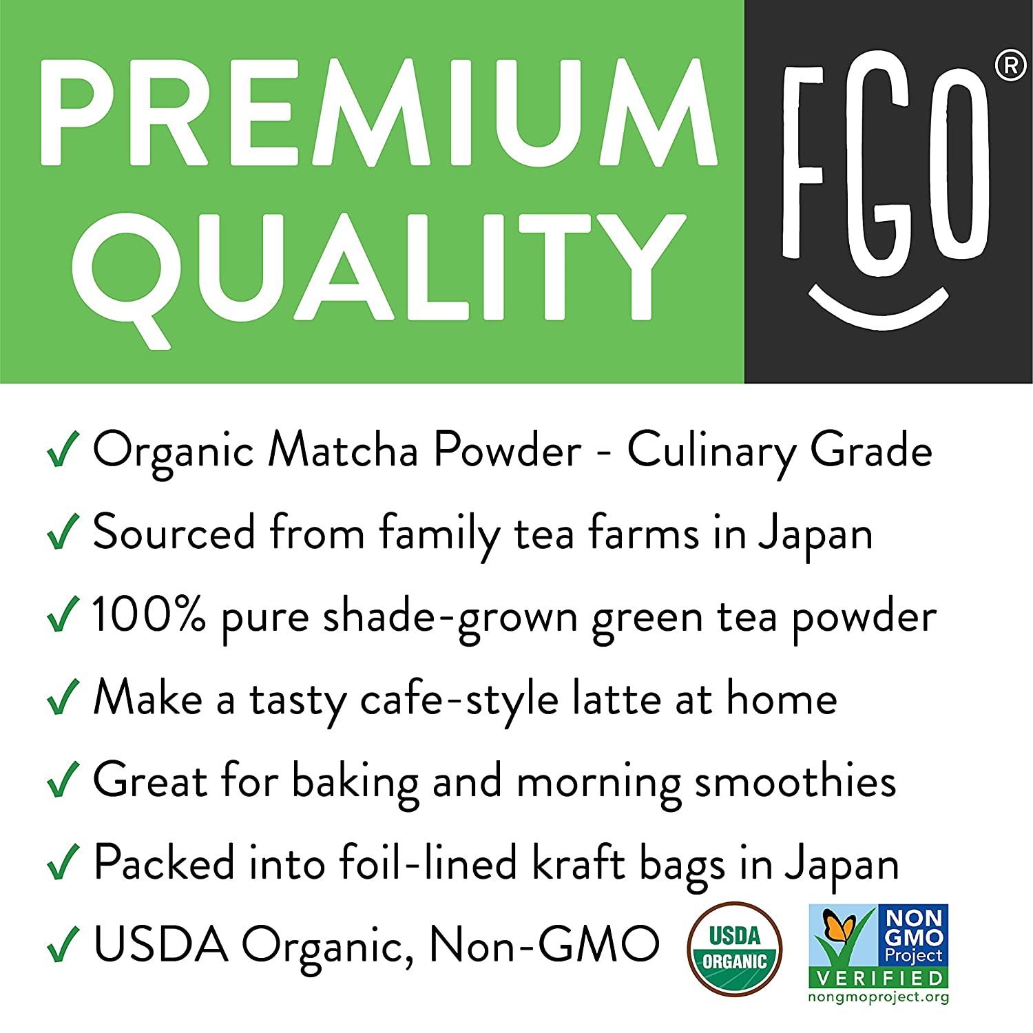 FGO Organic Matcha Green Tea Powder Baking. Lattes. Smoothies Japanese Culinary Grade 4oz