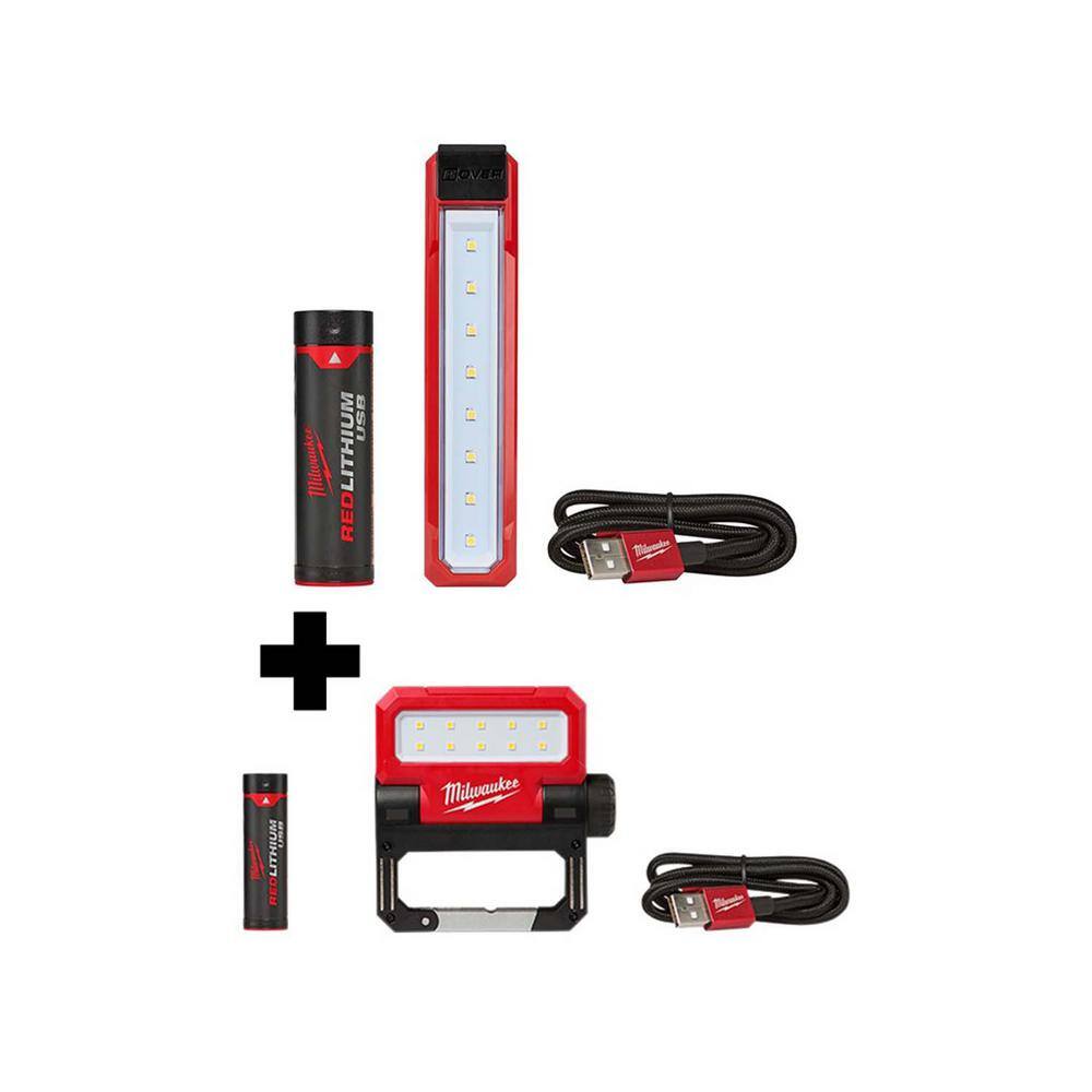 Milwaukee 2112-21-2114-21 445 Lumens LED Rover REDLITHIUM USB Pocket Flood Light and 550 Lumens LED REDLITHIUM USB Pivoting Flood Light (2-Pack)