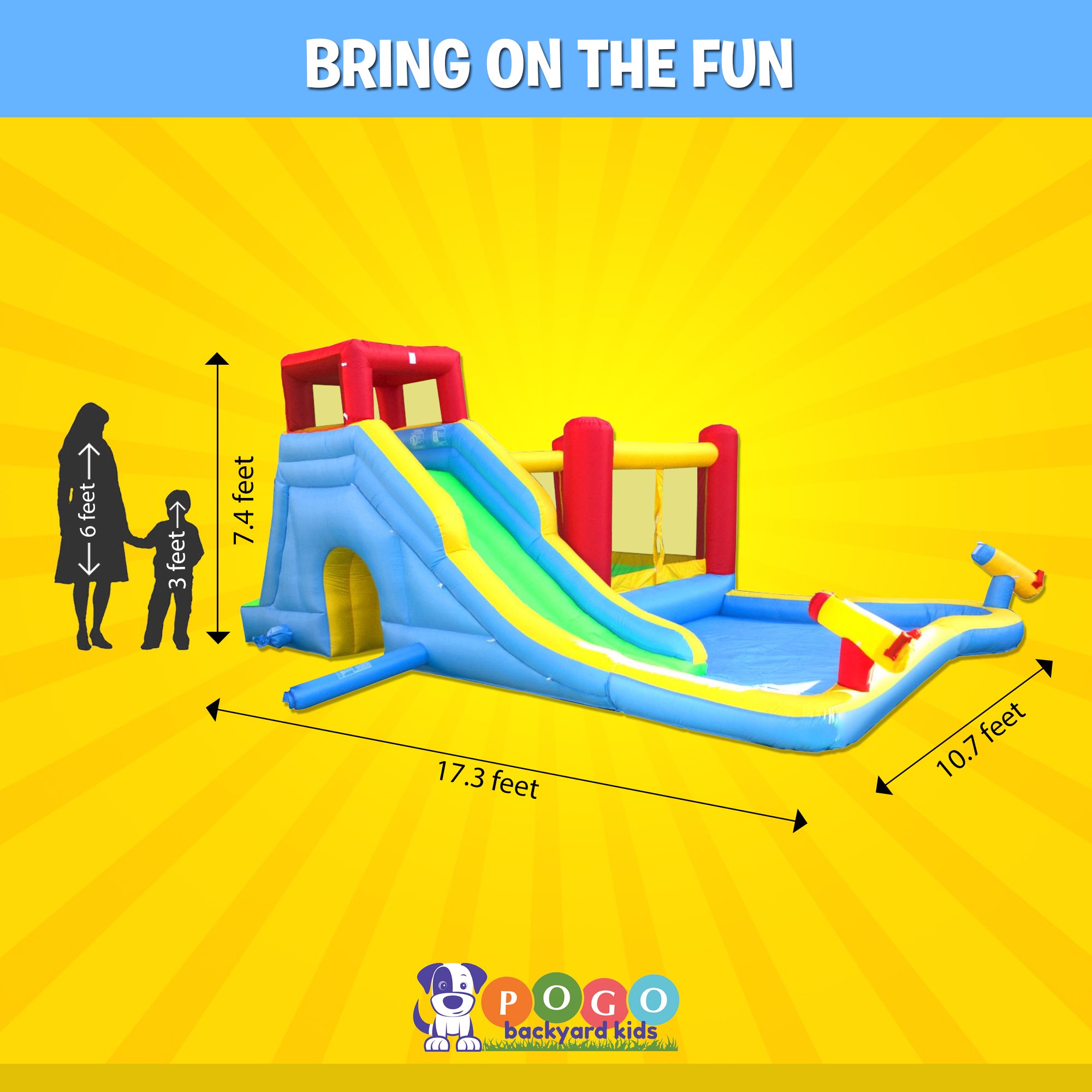 Pogo Bounce House Backyard Kids Deluxe Inflatable Water Slide Bouncer with Splash Cannon and Pool