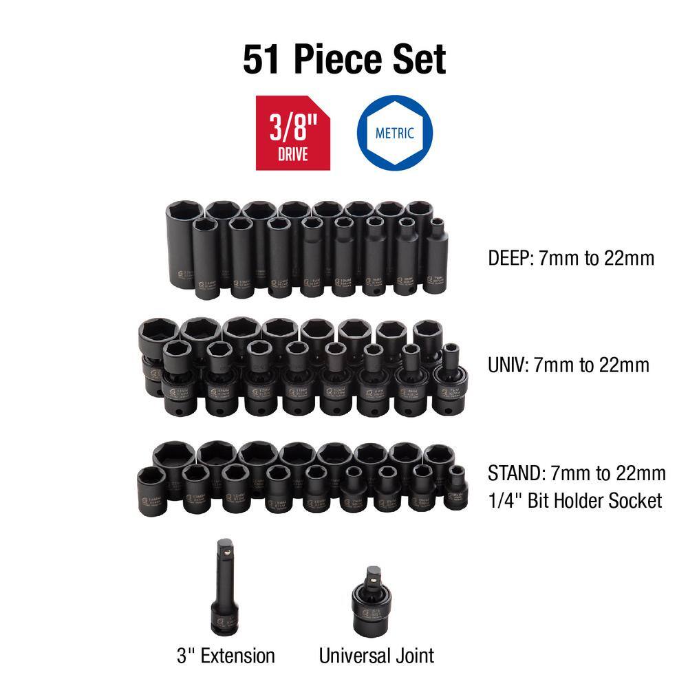 SUNEX TOOLS 3351 3/8 in. Drive Metric Impact Socket Set (51-Piece)
