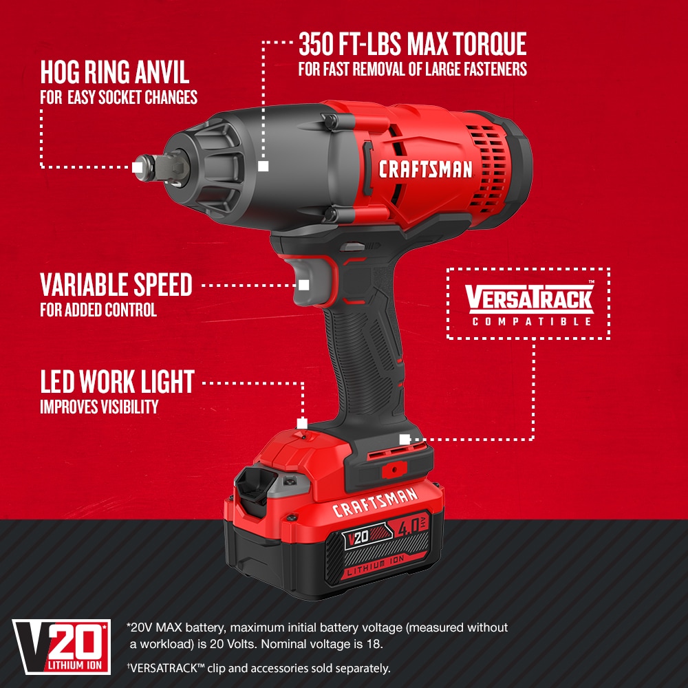 CRAFTSMAN V20 20-volt Max Variable Speed 1/2-in Drive Cordless Impact Wrench (Battery Included)