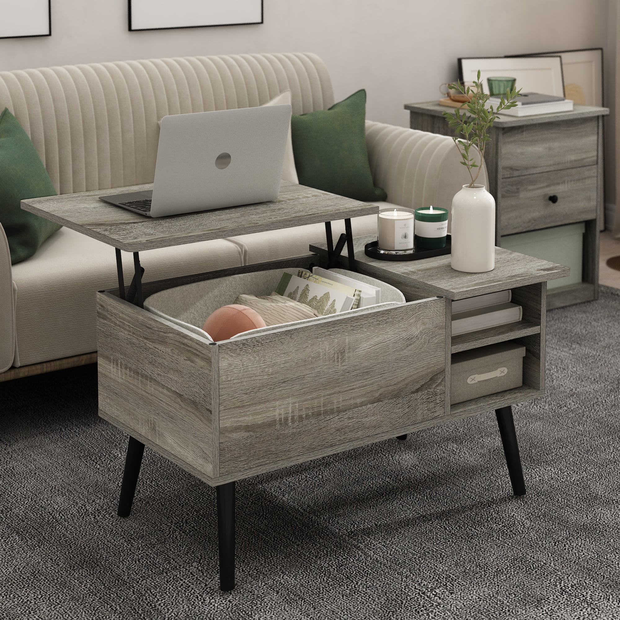 Furinno Jensen Lift Top Coffee Table With Wooden Leg. French Oak Grey