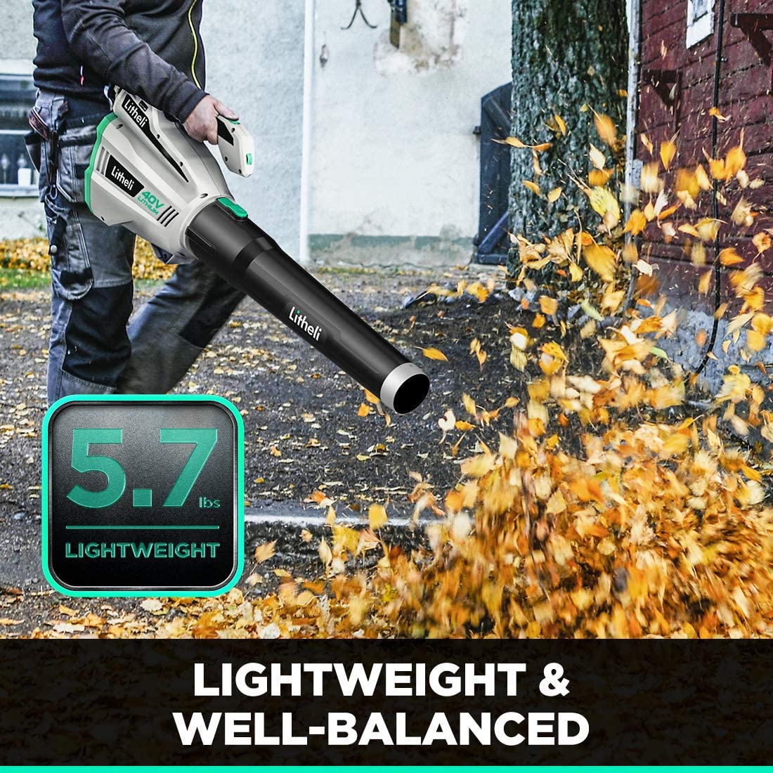 Litheli 40V Cordless Leaf Blower 480CFM .Single-Tube with Brushless Motor For Blowing Leaf. + 2.5Ah Battery & Charger