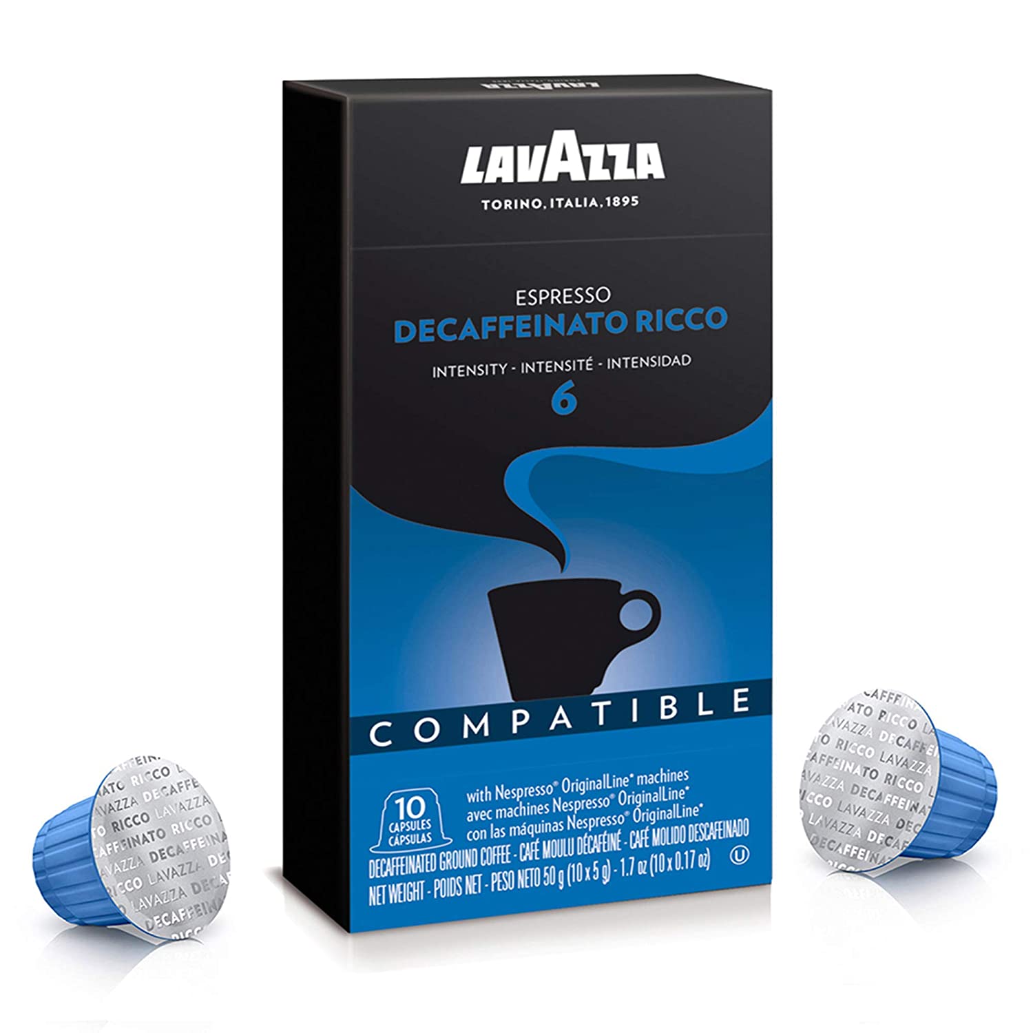 Lavazza Nespresso Compatible Capsules Decaffeinato Ricco Espresso Dark Roast Coffee (Pack of 60)