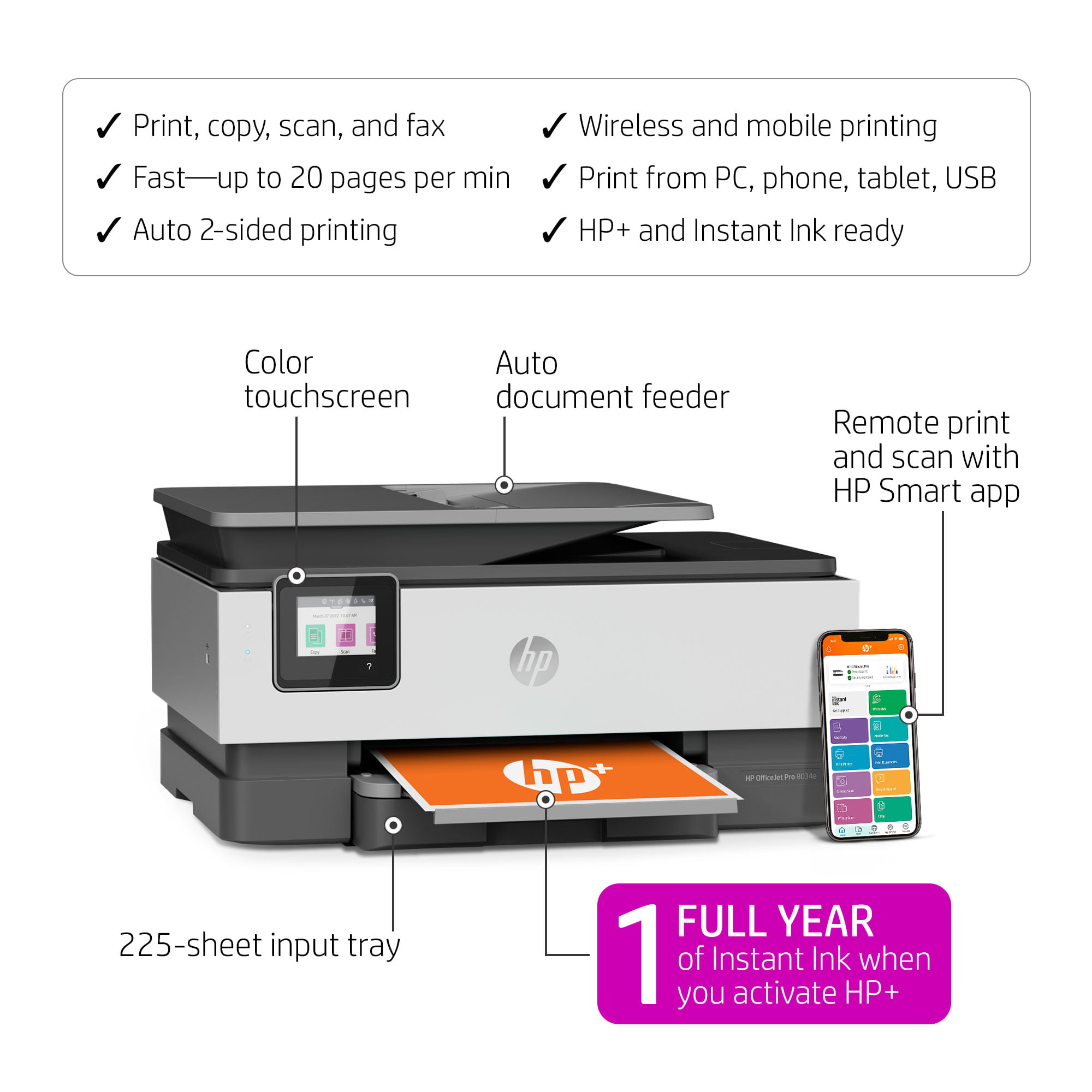 HP OfficeJet Pro 8034e All-in-One Printer - White/Grey