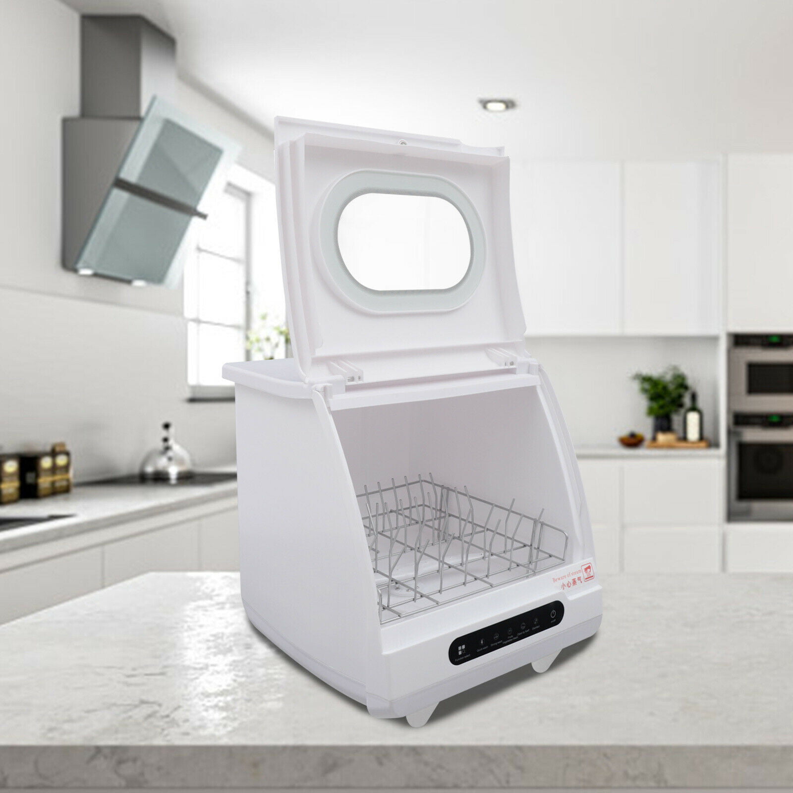 Anqidi Portable Countertop Dishwasher. 1200W White ABS+PP Dishwasher. 5 Washing Programs. Full Panel Control 15.7×15.7×17.72″