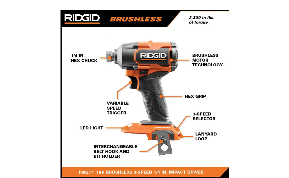 RIDGID R862311B 18-Volt Brushless Cordless 3-Speed 1/4 in. Impact Driver (Tool Only)