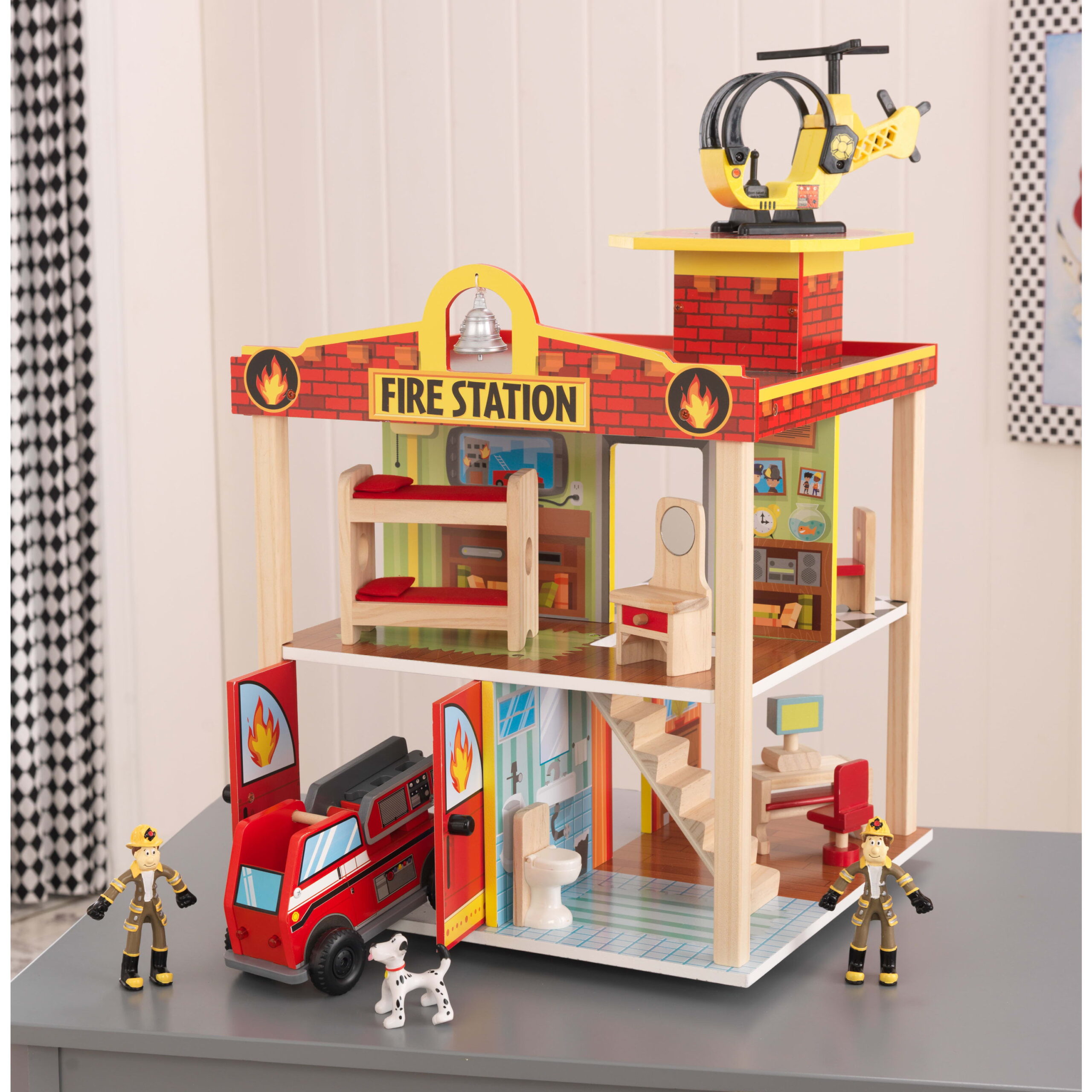 KidKraft Wooden Fire Station Set. 360 Degree Play. Working Garage Doors & Bendable Figures