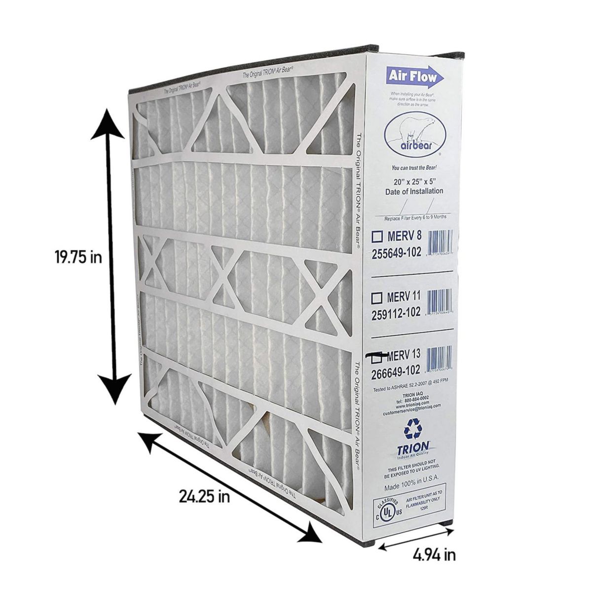 Trion 266649-102 Air Bear 20 x 25 x 5 Inch MERV 13 Air Purifier Filter (3 Pack)