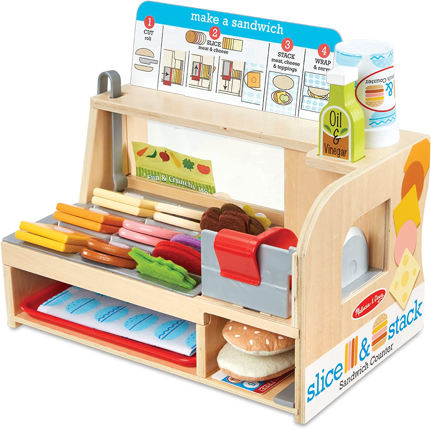 Melissa & Doug Wooden Slice & Stack Sandwich Counter with Deli Slicer – 56-Piece Pretend Play Food Pieces - Wooden Food Toys. Kitchen Play Food Set For Toddlers And Kids Ages 3+