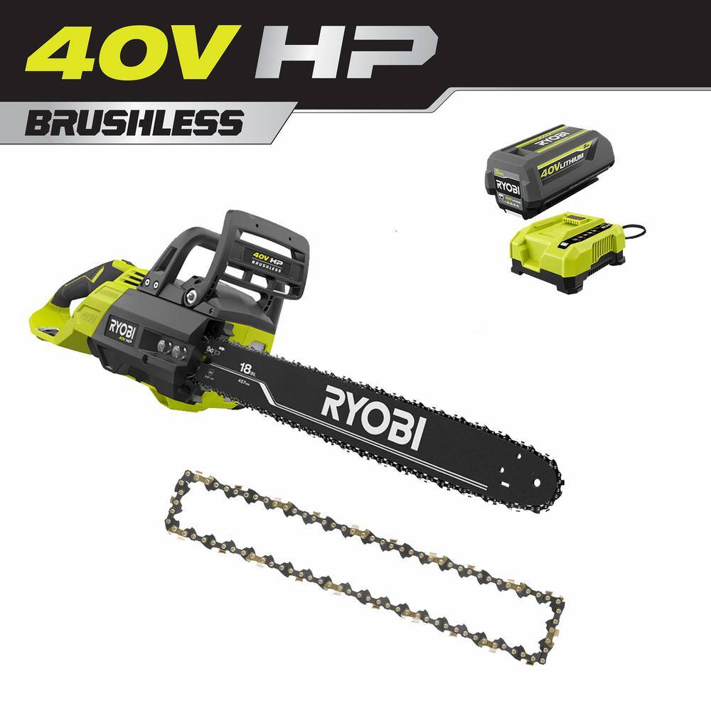RYOBI RY40580-AC 40V HP Brushless 18 in Battery Chainsaw w/ Extra 18 in. Chain. 5.0 Ah Battery and Charger