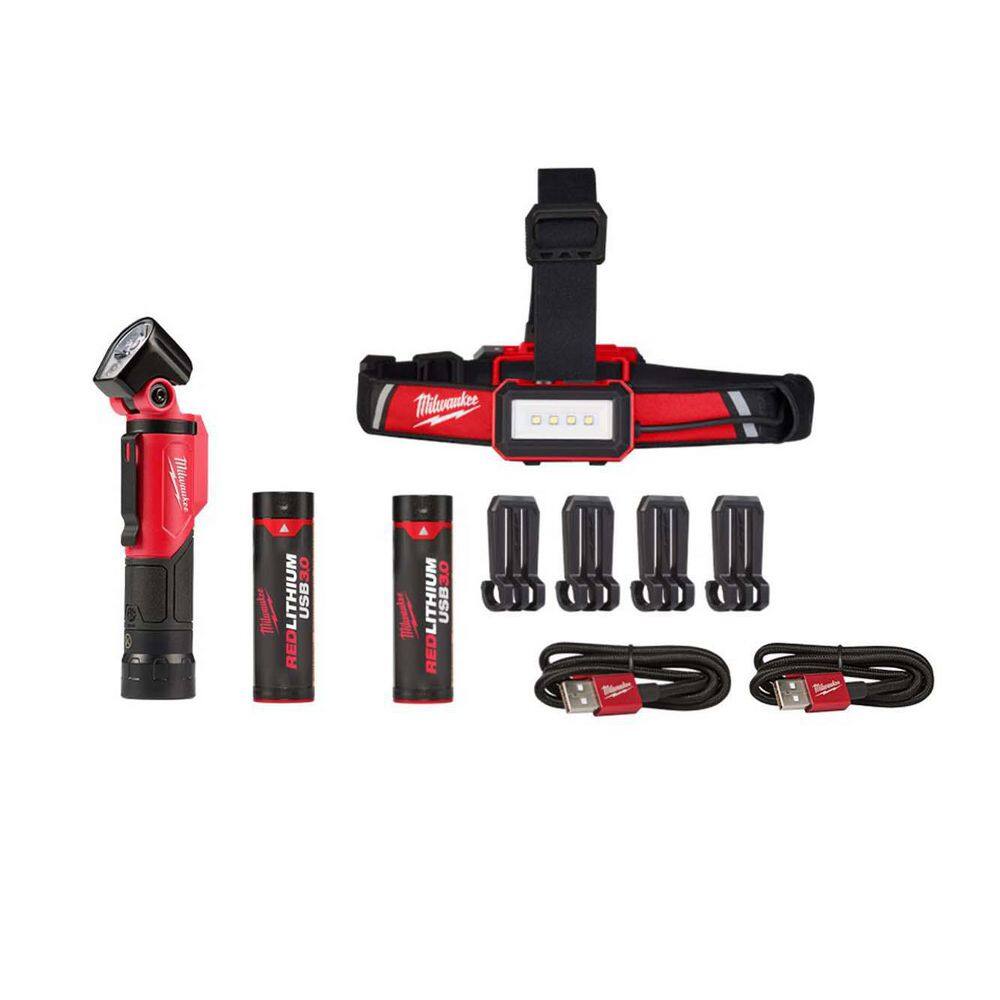 Milwaukee 2113-21-2115-21 500 Lumens LED Pivoting REDLITHIUM USB Flashlight with 600 Lumens LED USB Low-Profile Hard Hat Headlamp (2-Pack)