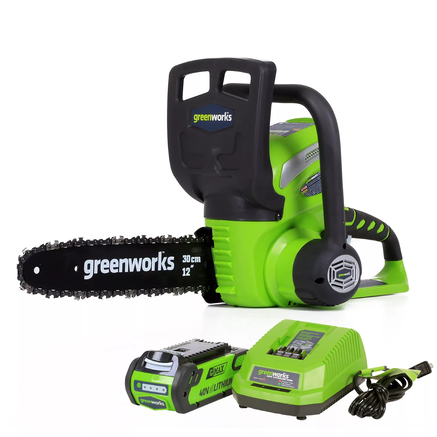 GreenWorks G-MAX 40V 12″ Cordless Chainsaw with 2AH Battery and Charger Inc.