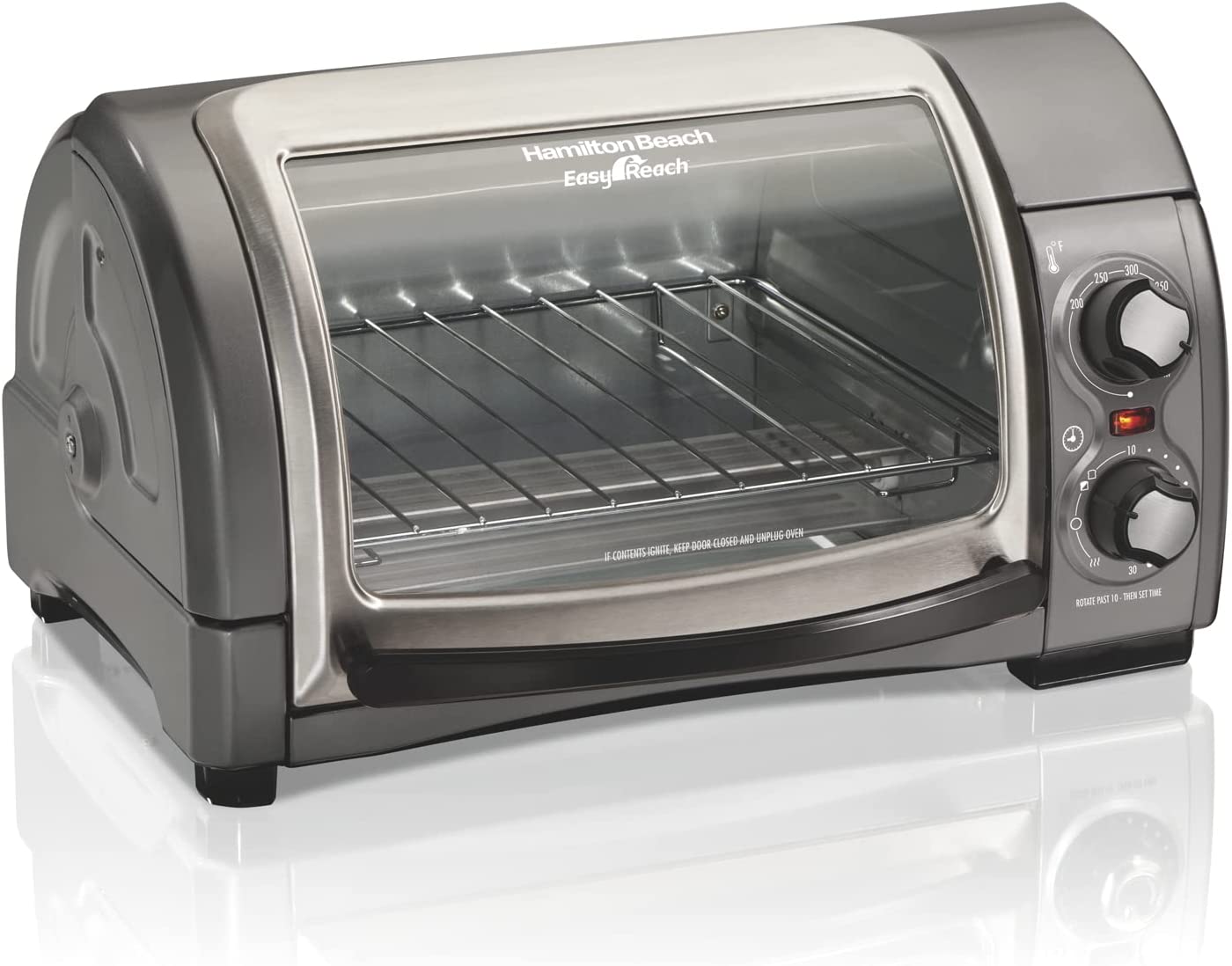 Hamilton Beach Easy Reach 4-Slice Countertop Toaster Oven With Roll-Top Door. 1200 Watts. Fits 9 Pizza. 3 Cooking Functions for Bake. Broil and Toast. Silver (31344DA)
