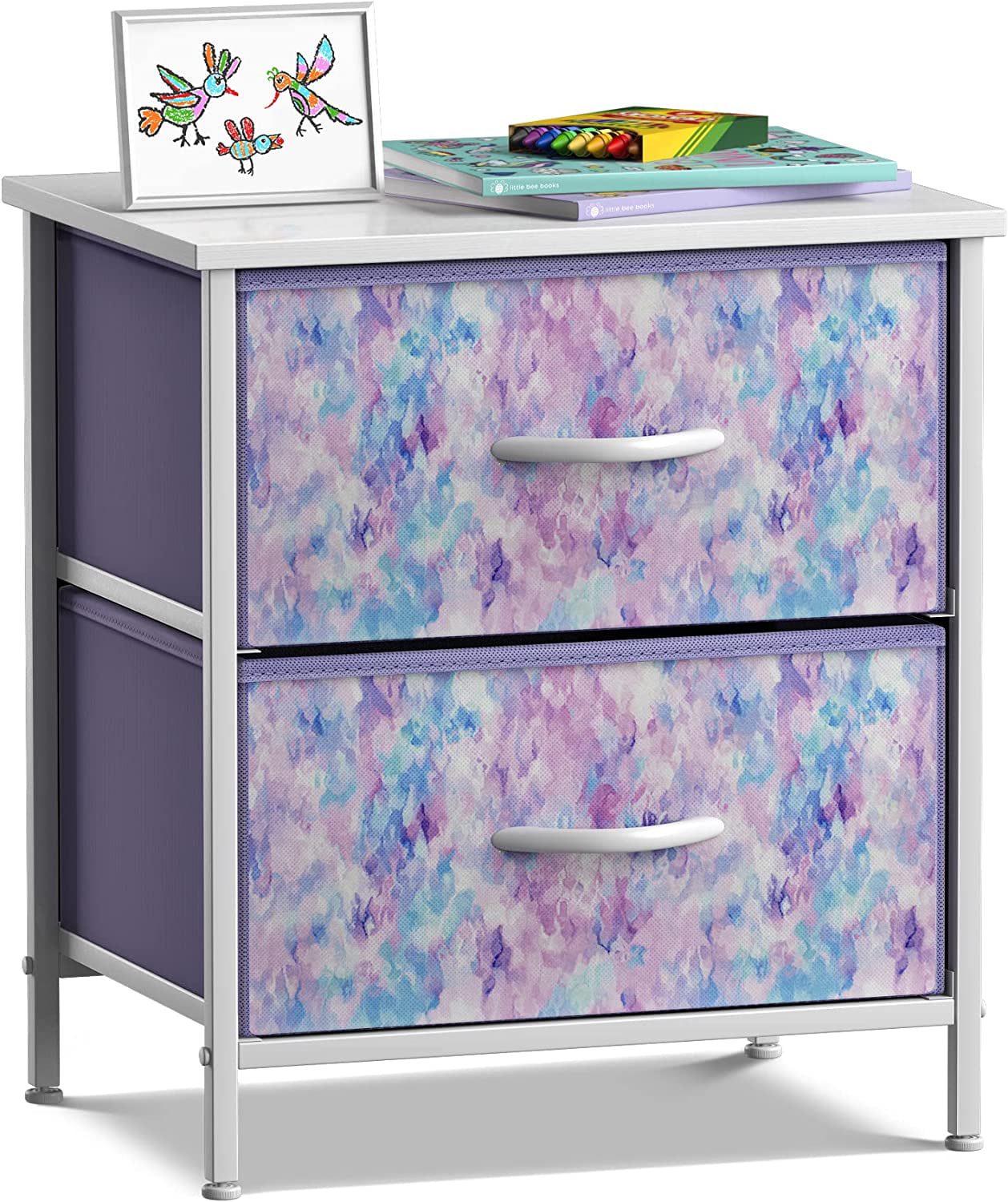 Sorbus Nightstand with 2 Drawers - Bedside Furniture & Accent End Table Chest for Home. Bedroom. Office. College Dorm. Steel Frame. Wood Top. Easy Pull Fabric Bins (2-Drawer. Blue/Pink/Purple