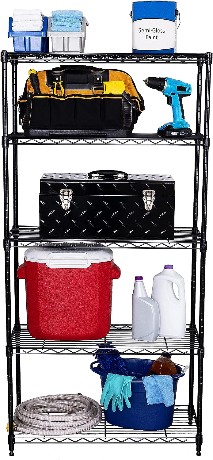 Seville Classics Solid Steel Wire Shelving Storage Unit Adjustable Shelves Organizer Rack. for Home. Kitchen. Office. Garage. Bedroom. Closet. Black. 5-Tier. 30″ W x 14″ D (New Model)
