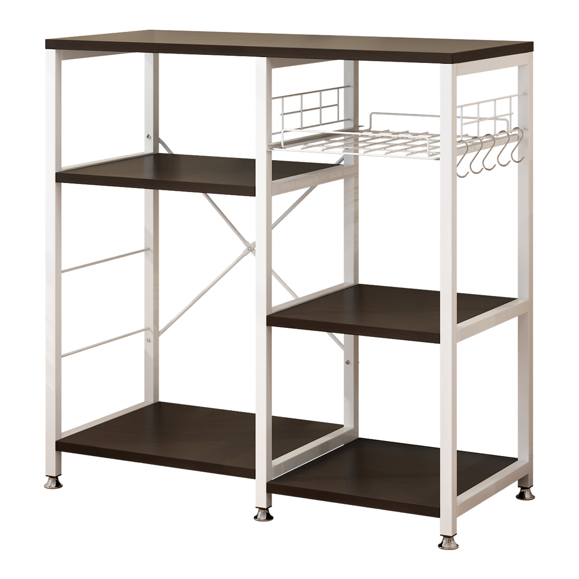 Ktaxon 5-Tier Kitchen Baker-s Rack Microwave Oven Stand Kitchen Utility Storage Shelf Bar Workstation Organizer with Basket and Hooks. Dark Brown